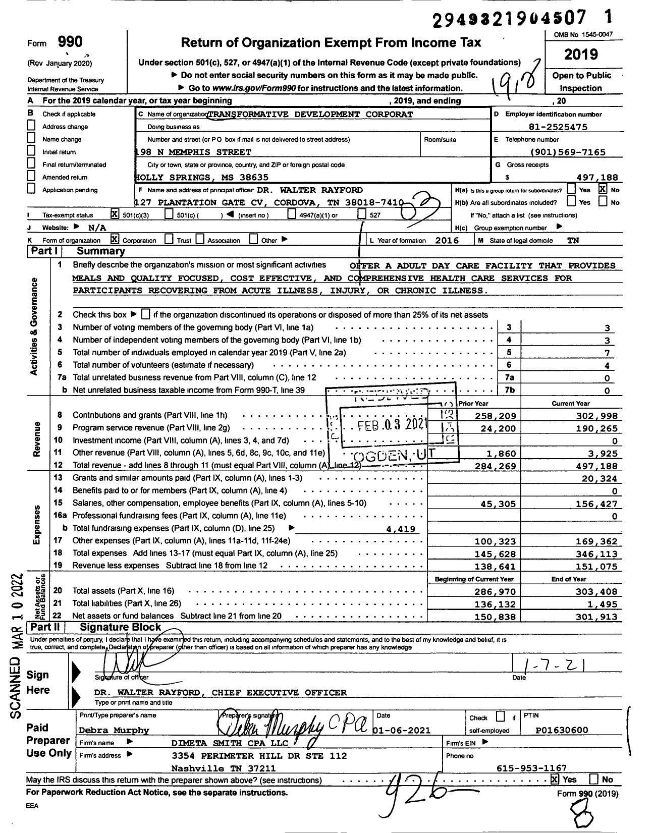 Image of first page of 2019 Form 990 for Transformative Development Corporation