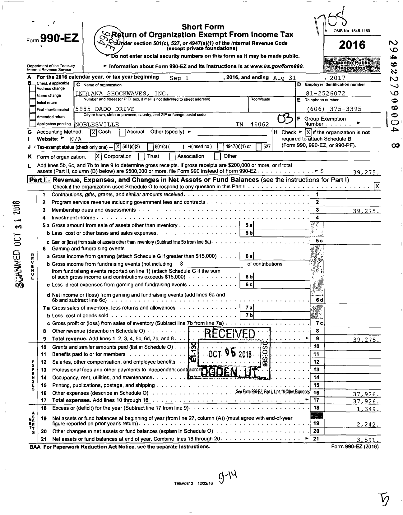 Image of first page of 2016 Form 990EZ for Indiana Shockwaves