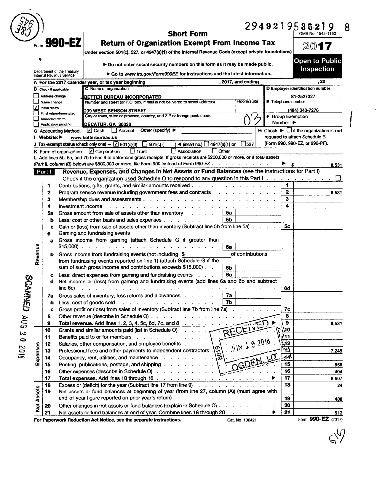 Image of first page of 2017 Form 990EZ for Better Bureau Incorporated