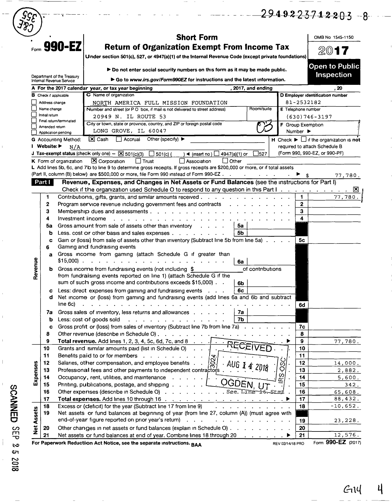 Image of first page of 2017 Form 990EZ for North America Full Mission Foundation