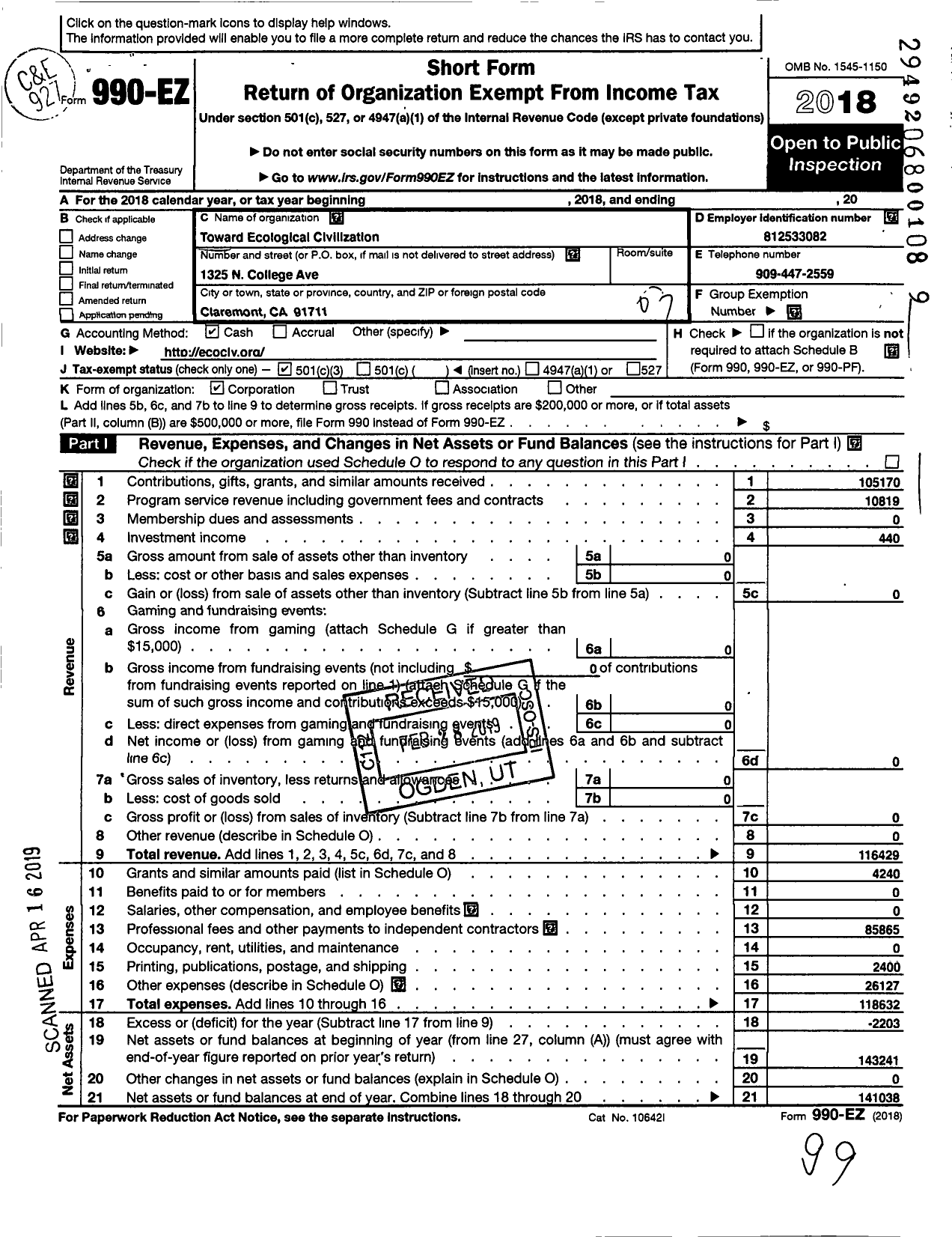 Image of first page of 2018 Form 990EZ for Institute for Ecological Civilization