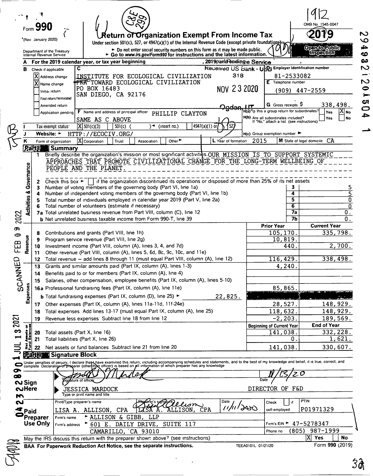 Image of first page of 2019 Form 990 for Institute for Ecological Civilization