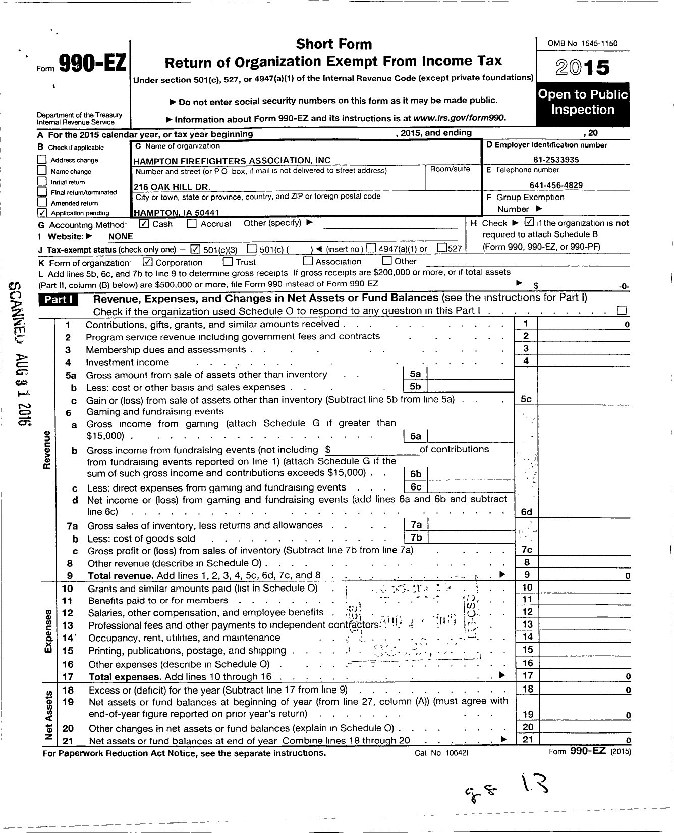 Image of first page of 2015 Form 990EZ for Hampton Firefighters Association