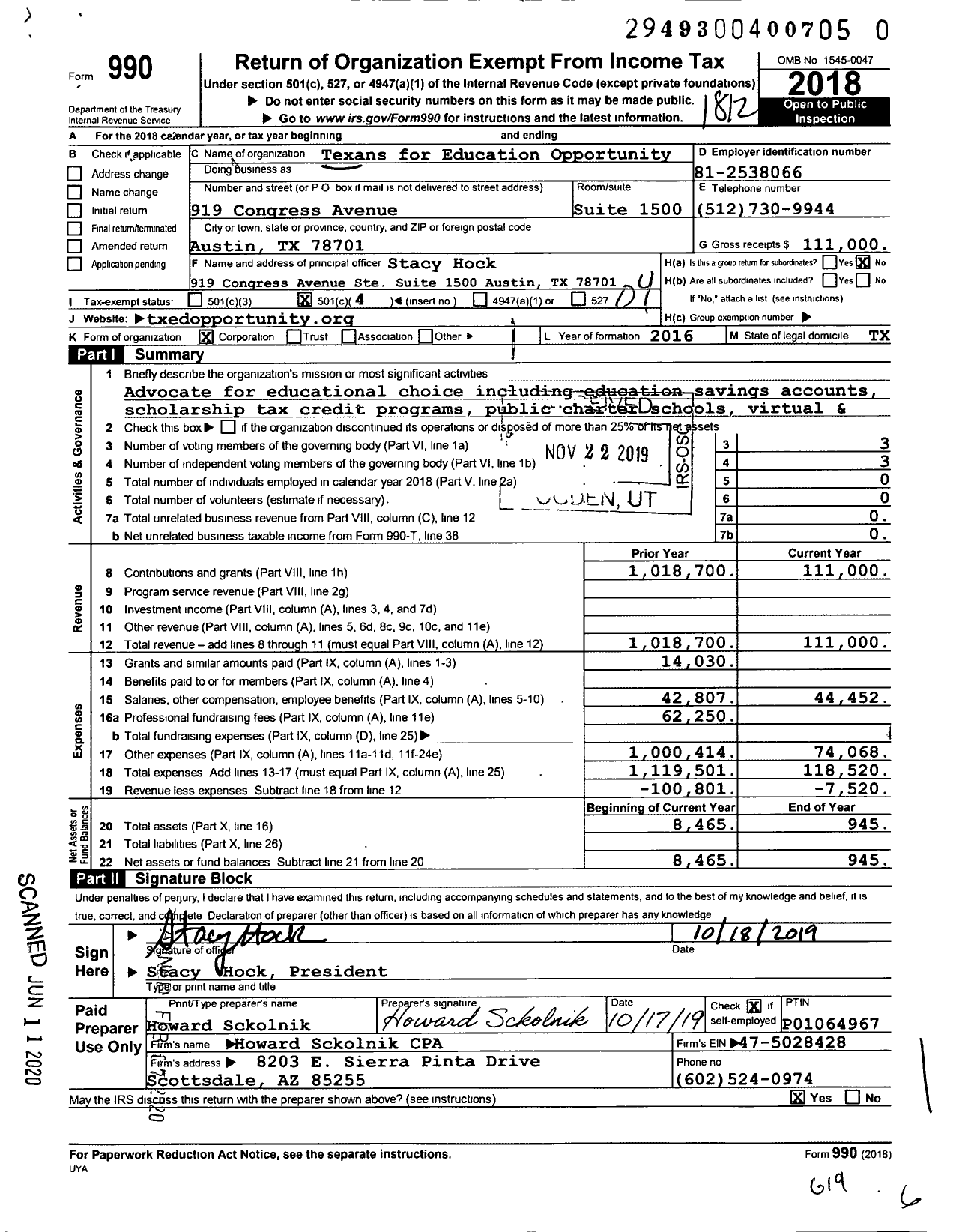 Image of first page of 2018 Form 990O for Texans for Education Opportunity