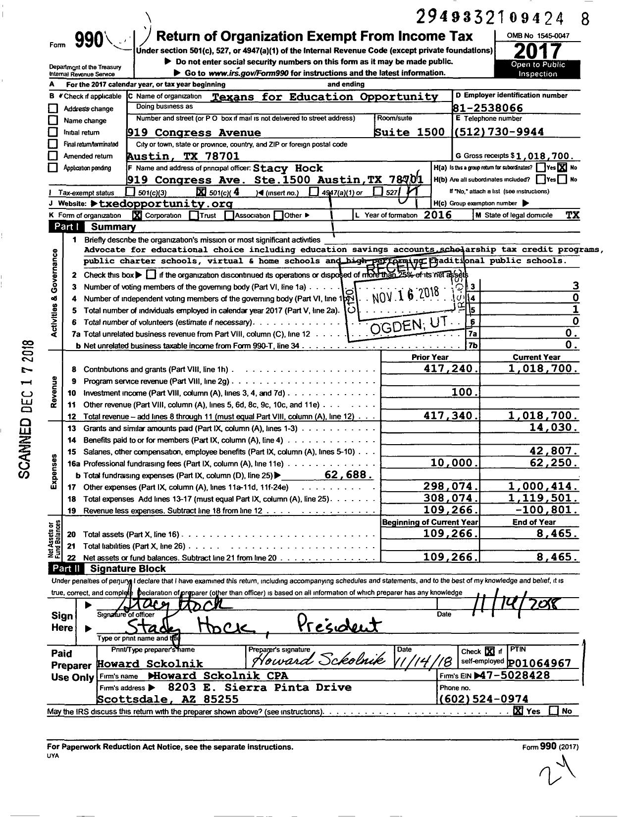 Image of first page of 2017 Form 990O for Texans for Education Opportunity