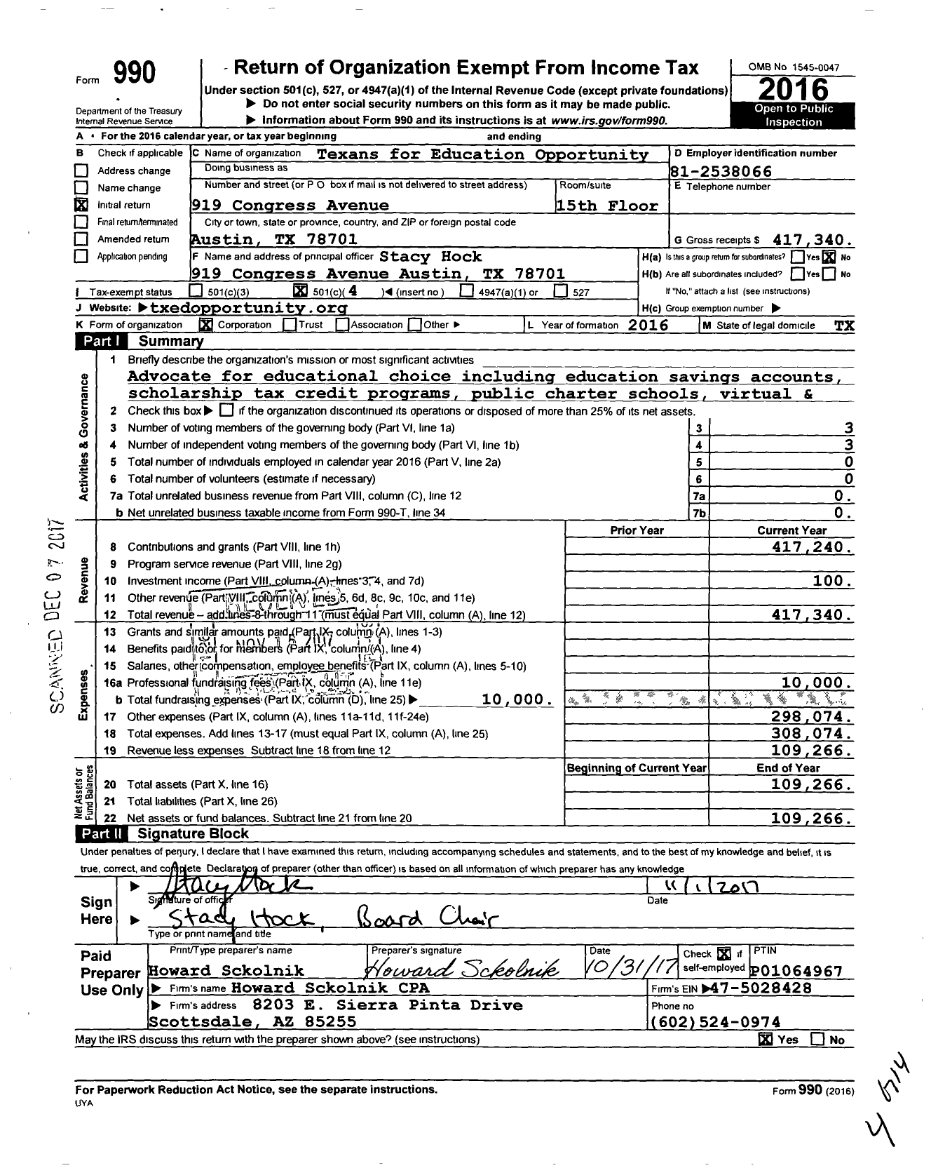 Image of first page of 2016 Form 990O for Texans for Education Opportunity