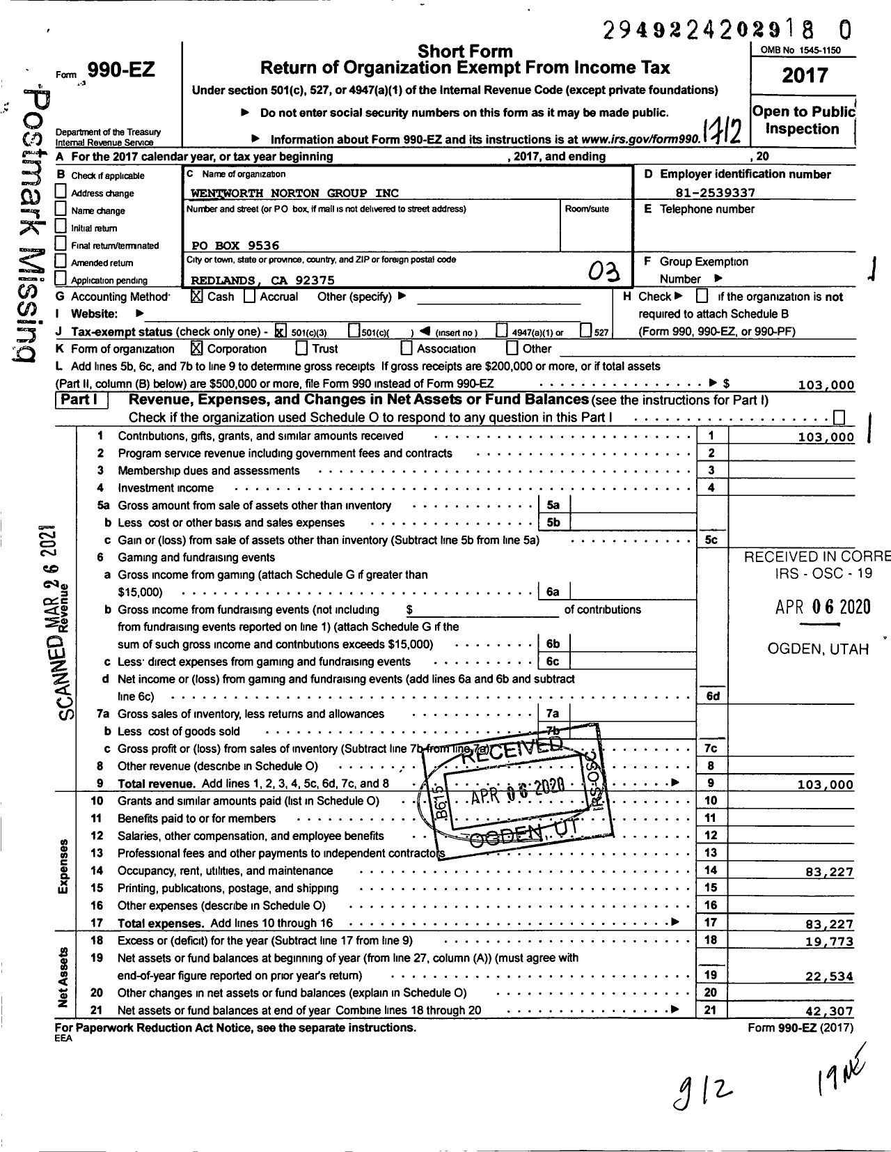 Image of first page of 2017 Form 990EZ for Wentworth Norton Group