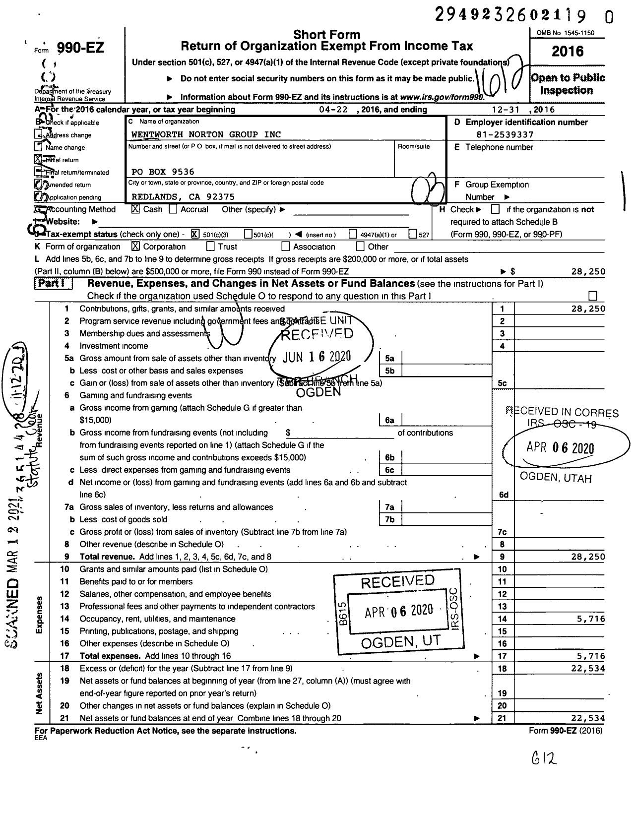 Image of first page of 2016 Form 990EZ for Wentworth Norton Group