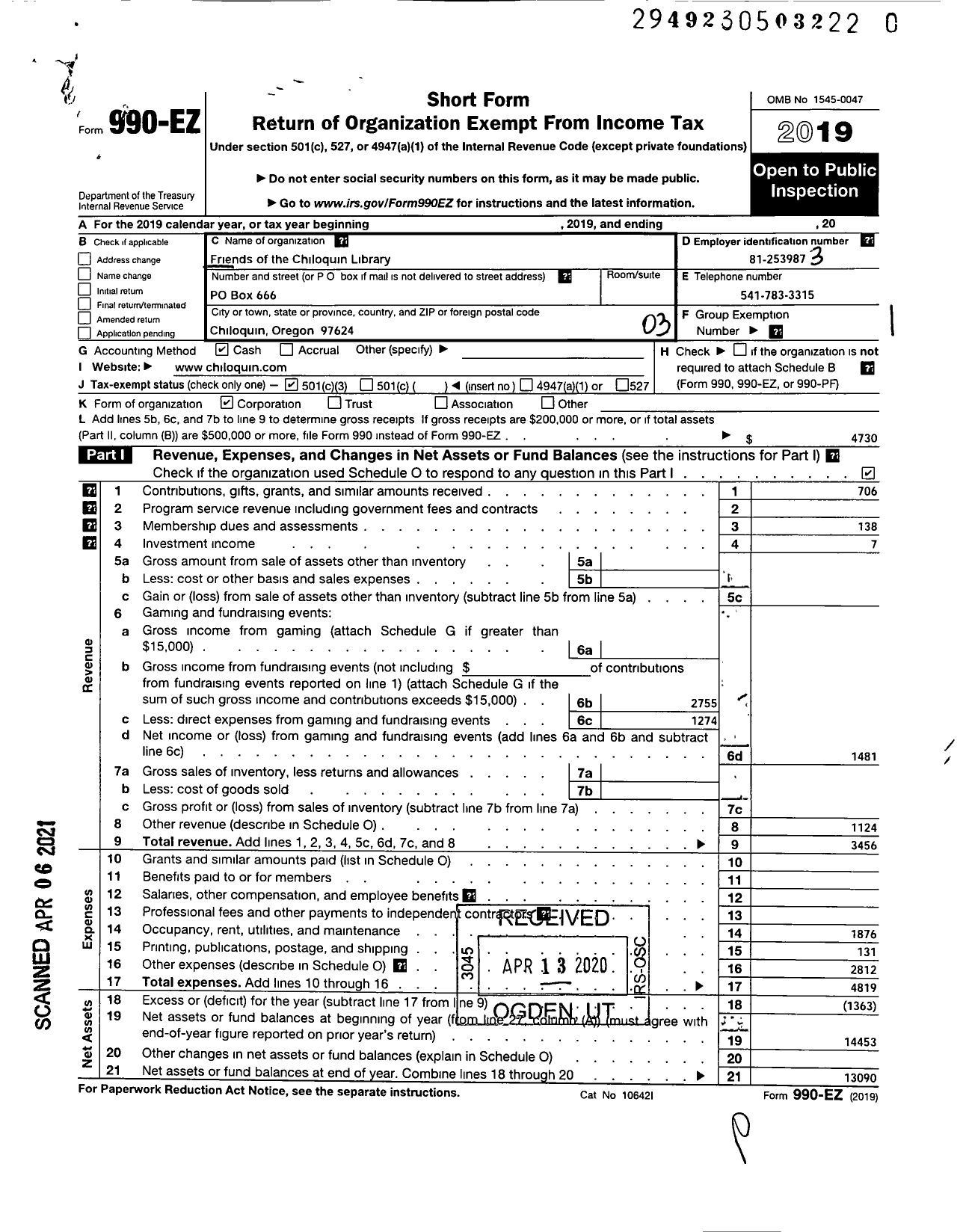 Image of first page of 2019 Form 990EZ for Friends of the Chiloquin Library