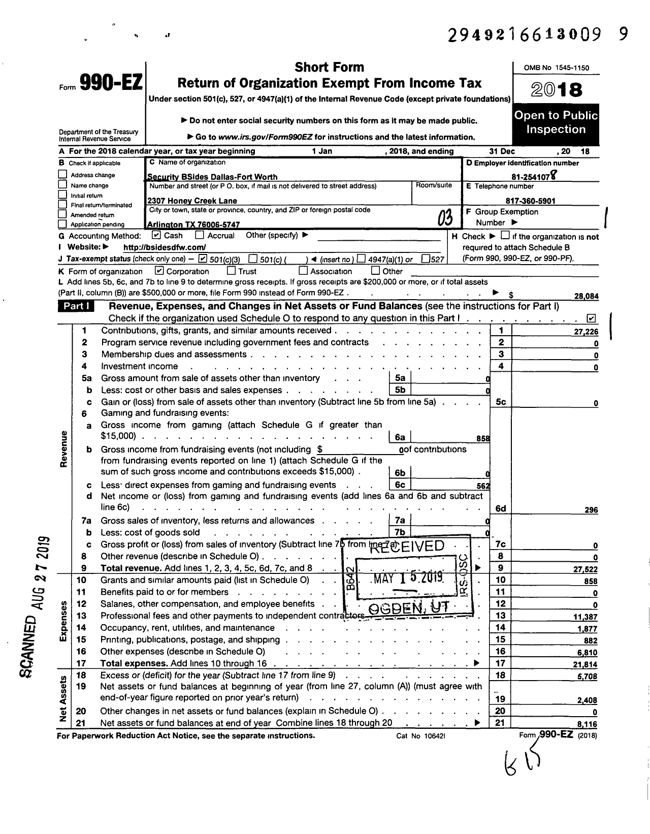 Image of first page of 2018 Form 990EZ for Security Bsides Dallas-Fort Worth