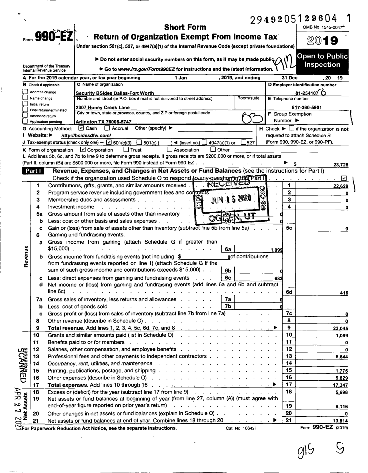 Image of first page of 2019 Form 990EZ for Security Bsides Dallas-Fort Worth