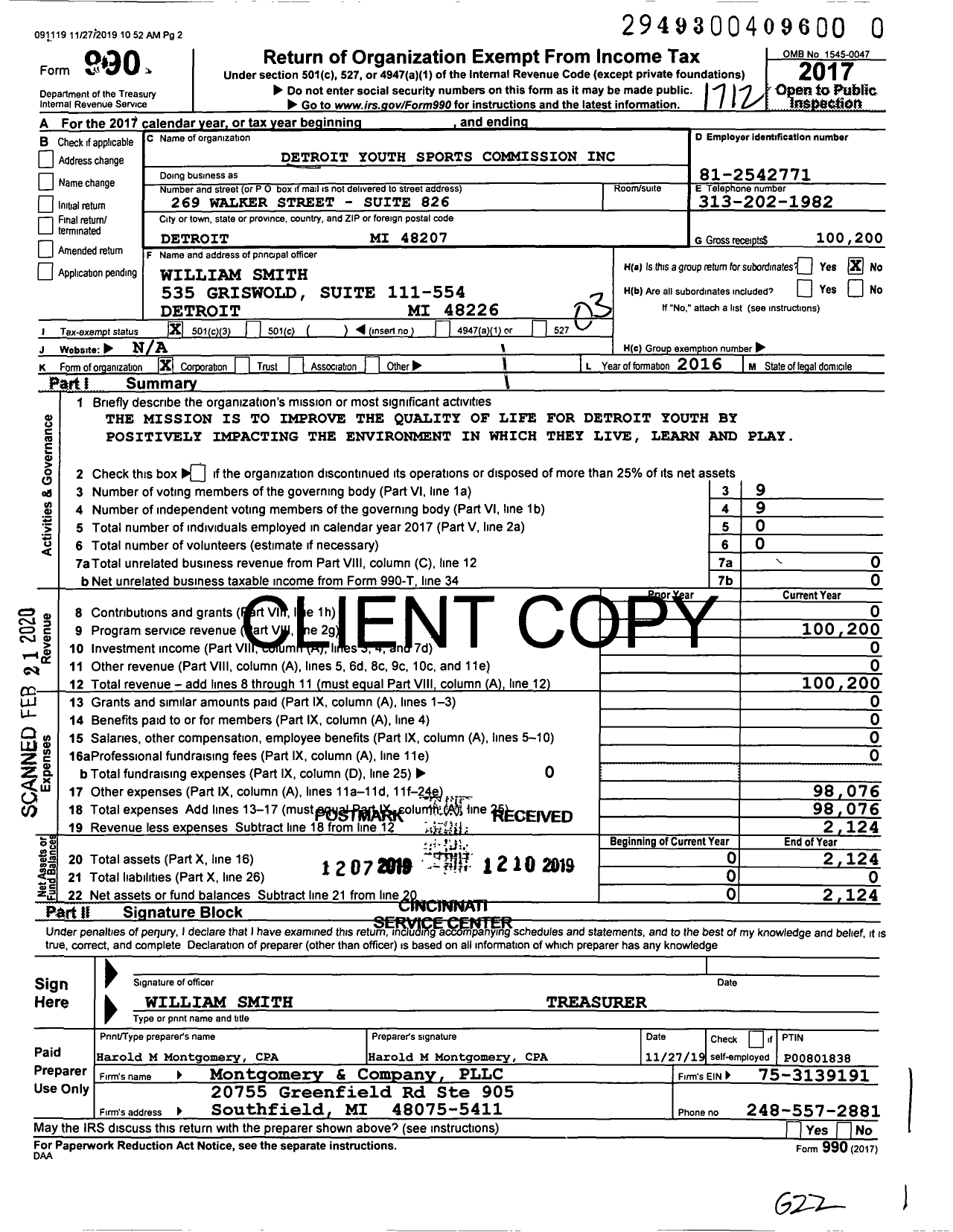 Image of first page of 2017 Form 990 for Detroit Youth Sports Commission