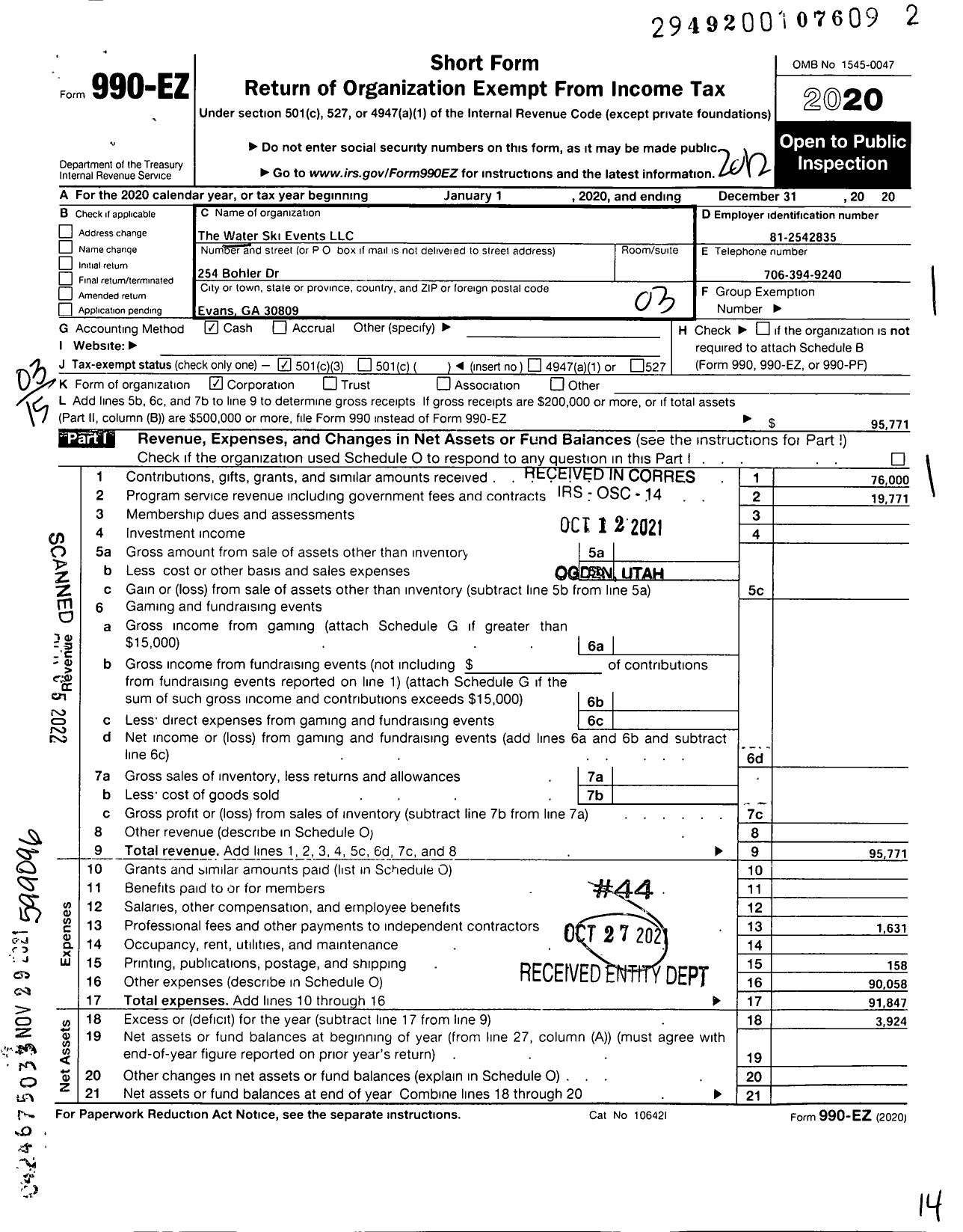 Image of first page of 2020 Form 990EZ for Water Ski Events LLC