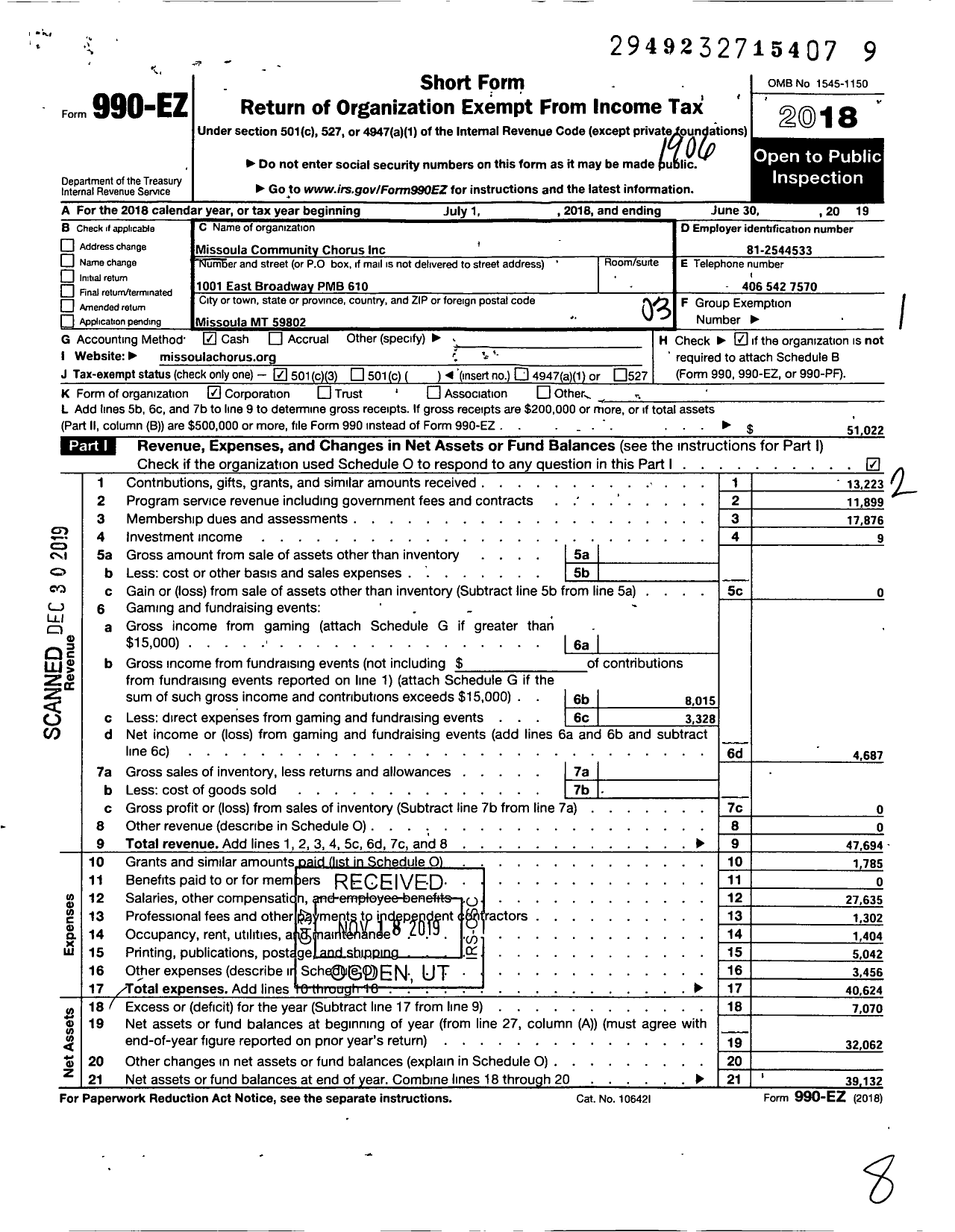 Image of first page of 2018 Form 990EZ for Missoula Community Chorus