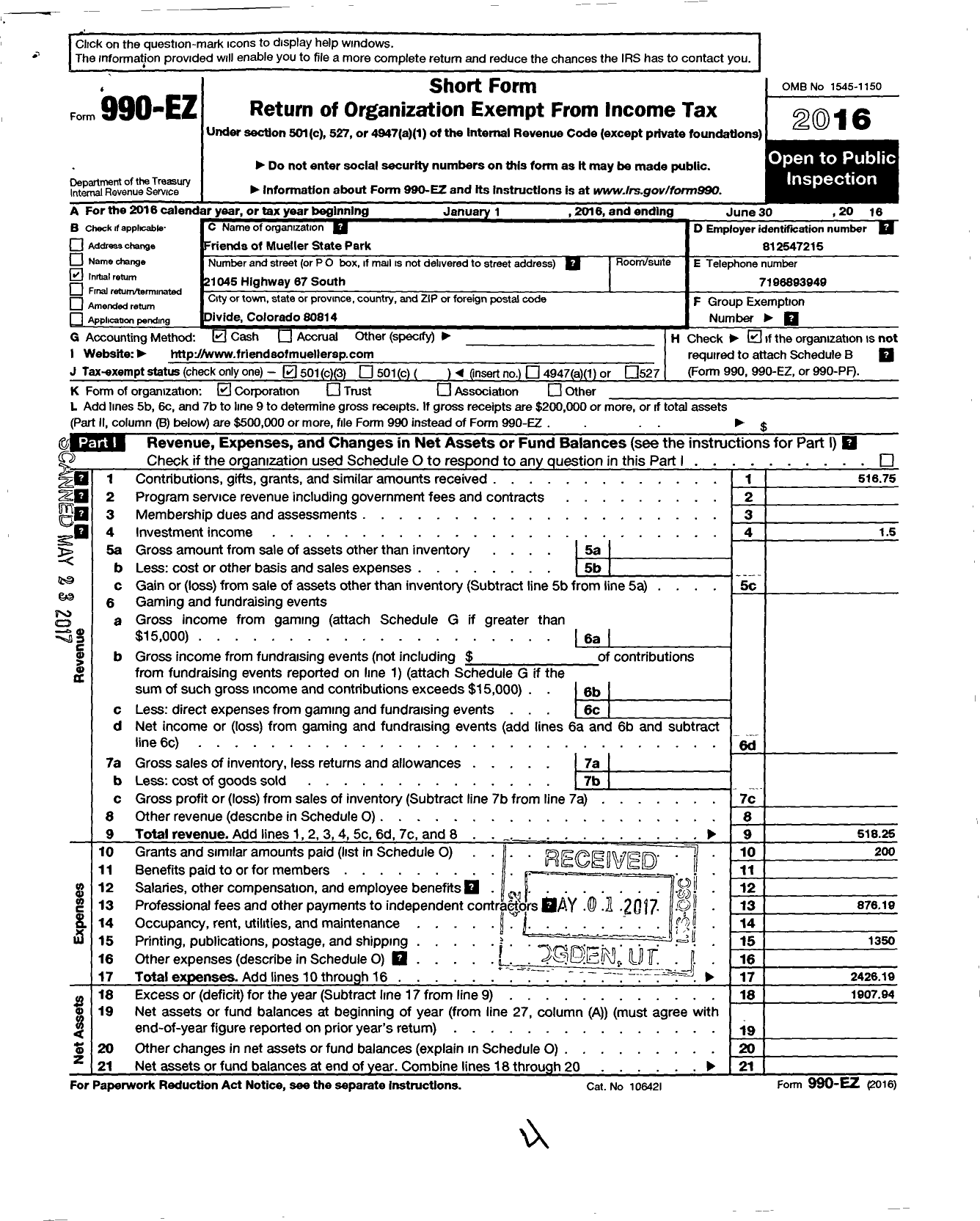 Image of first page of 2015 Form 990EZ for Friends of Mueller State Park