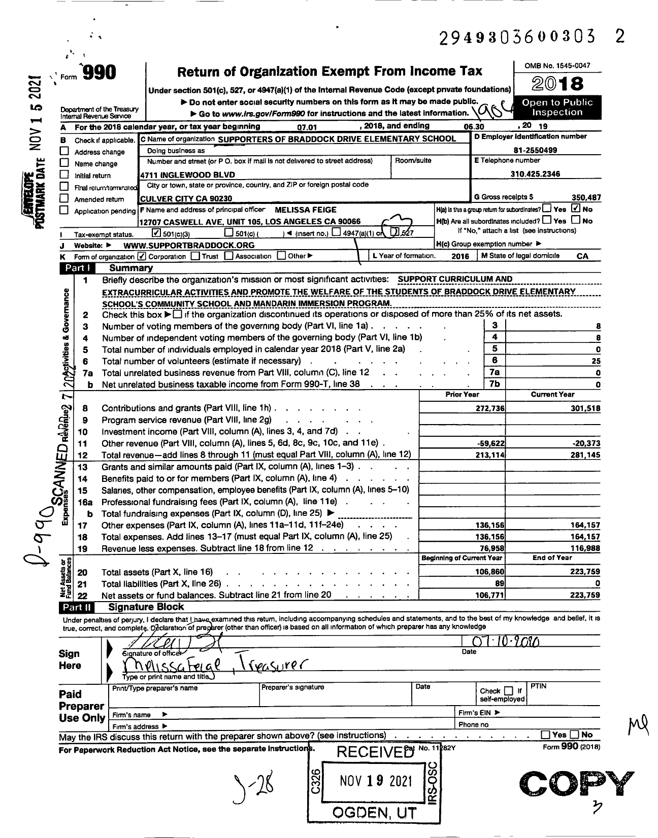 Image of first page of 2018 Form 990 for Supporters of Braddock Drive Elementary School