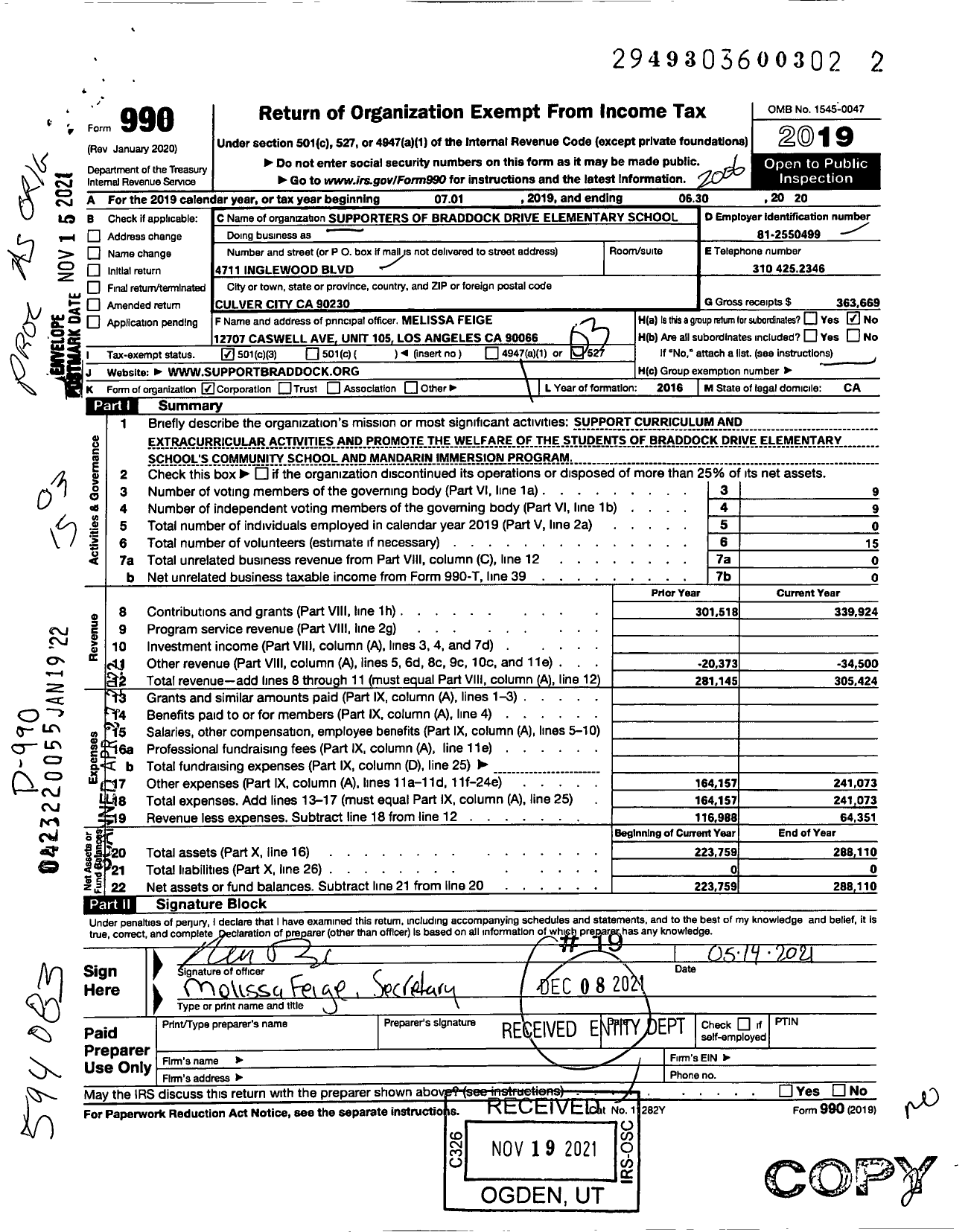 Image of first page of 2019 Form 990 for Supporters of Braddock Drive Elementary School