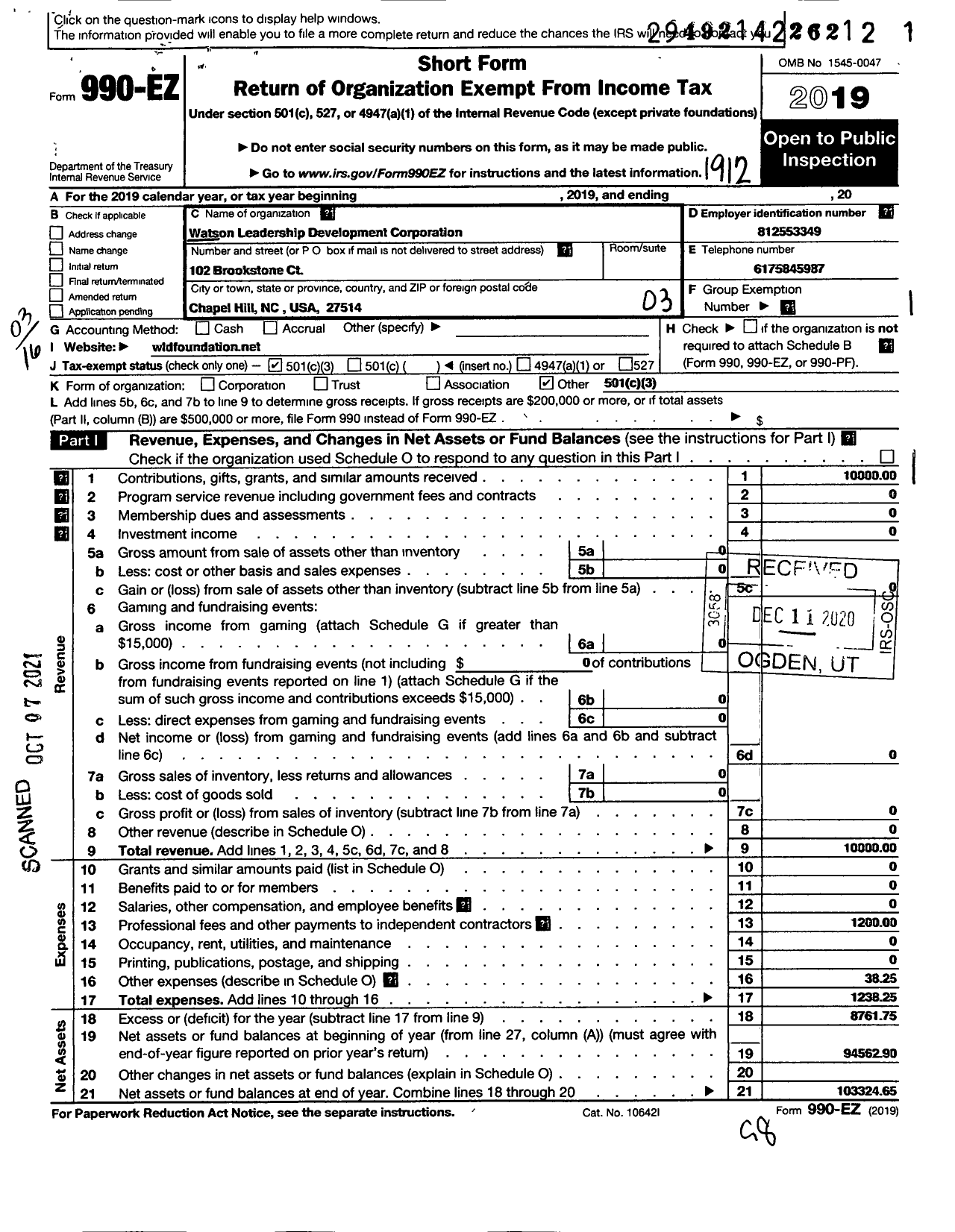 Image of first page of 2019 Form 990EZ for Watson Leadership Development Foundation