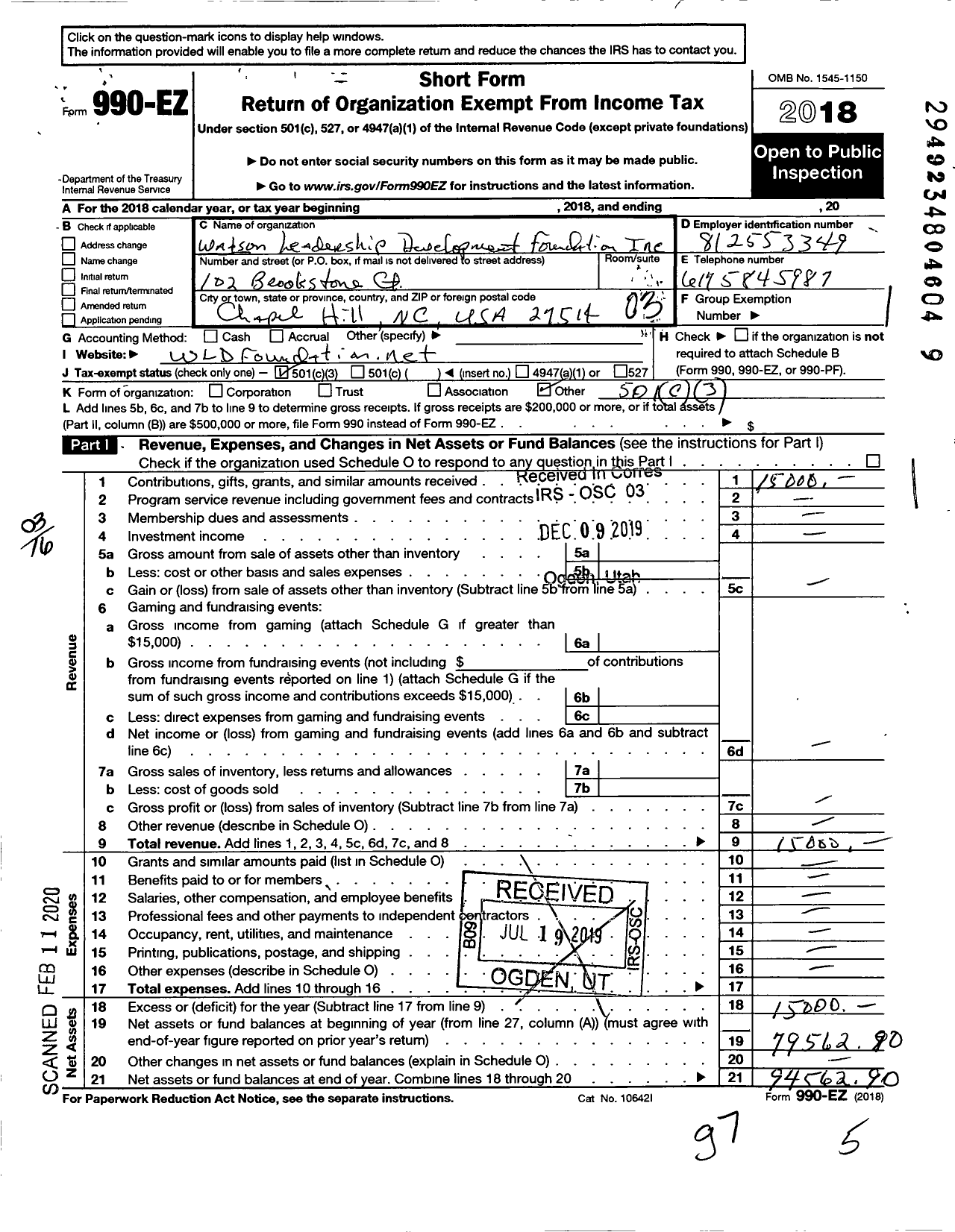 Image of first page of 2018 Form 990EZ for Watson Leadership Development Foundation