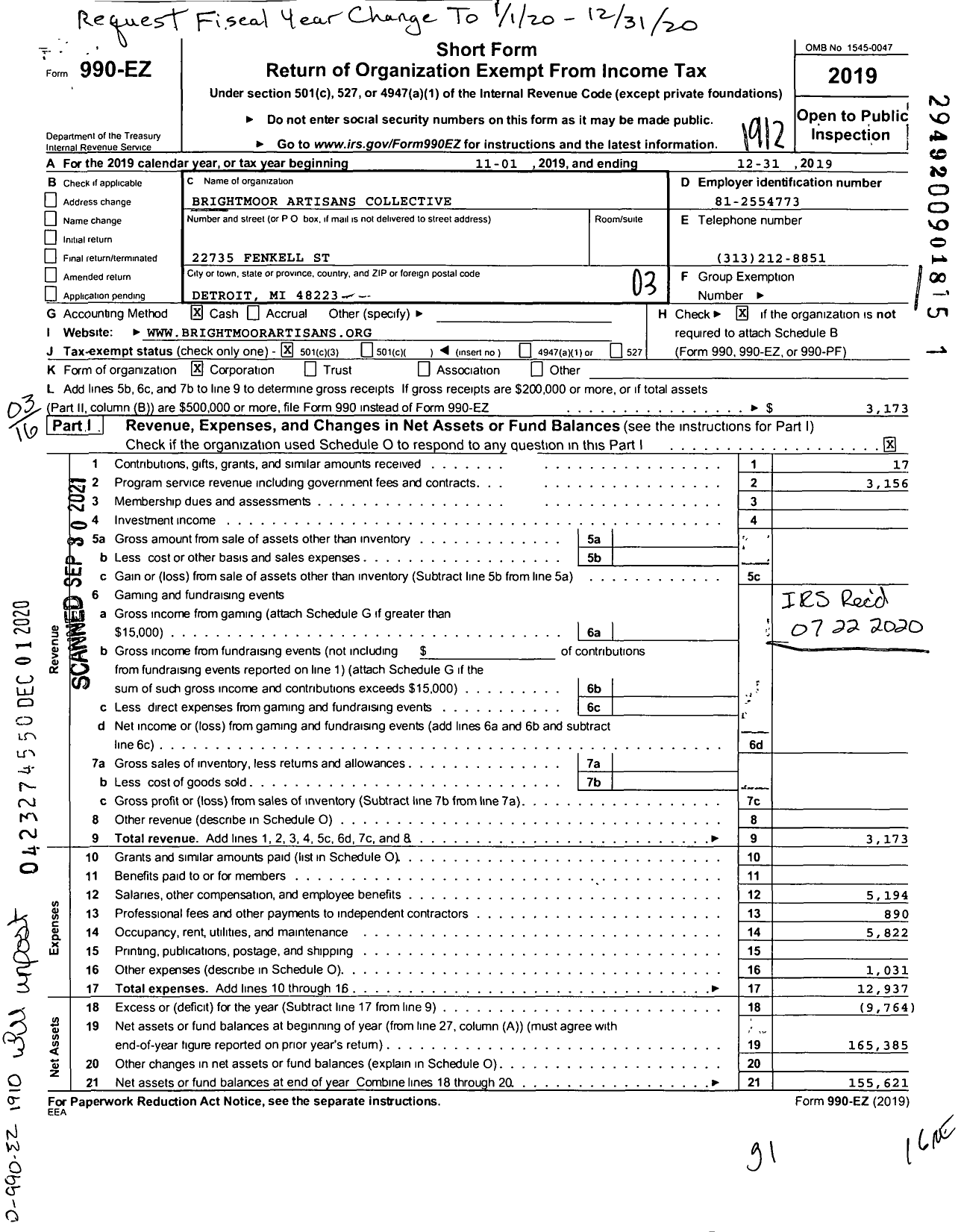 Image of first page of 2019 Form 990EZ for Brightmoor Artisans Collective