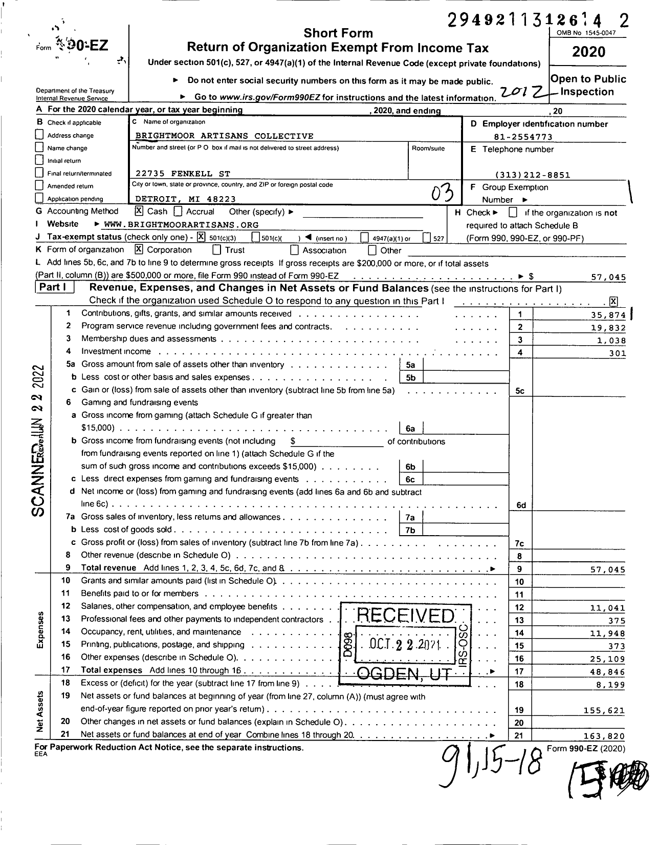 Image of first page of 2020 Form 990EZ for Brightmoor Artisans Collective