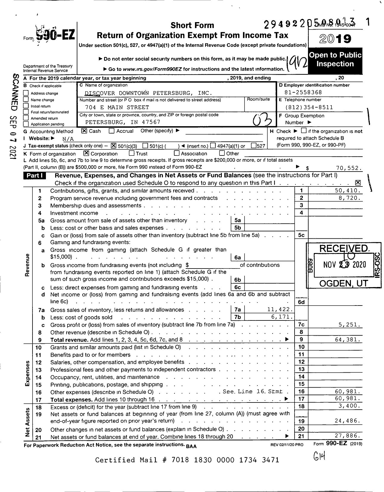 Image of first page of 2019 Form 990EZ for Discover Downtown Petersburg