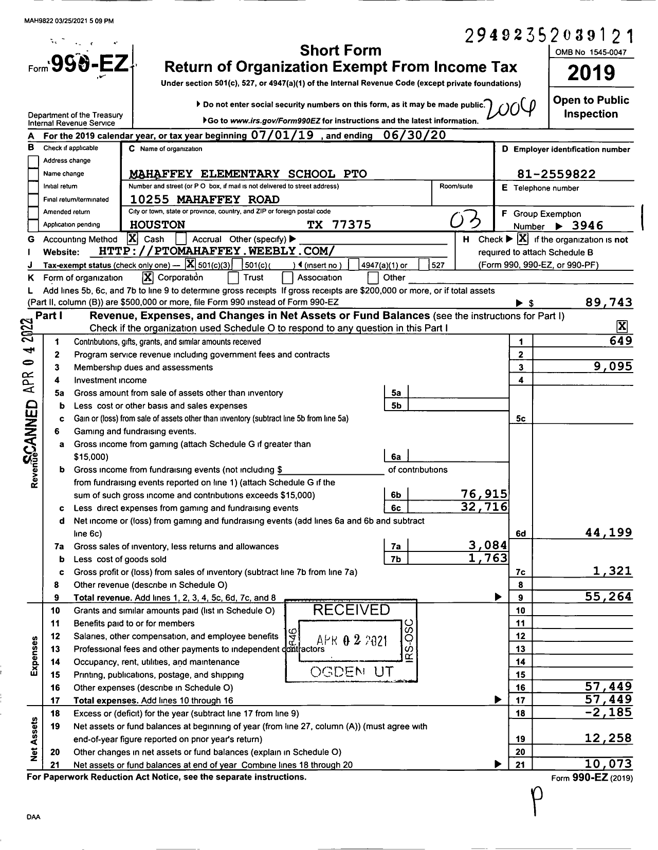 Image of first page of 2019 Form 990EZ for Klein Support Groups / Mahaffey Elementary School Pto Inc