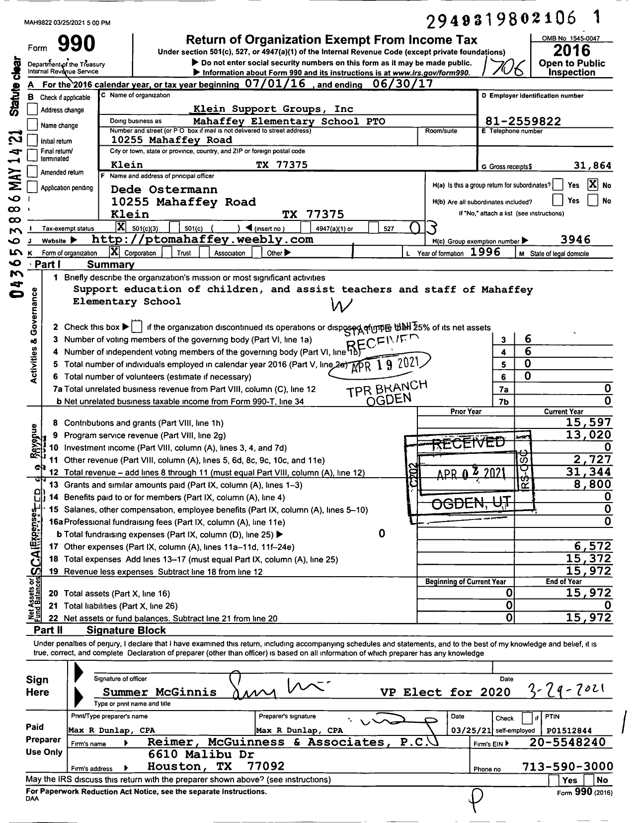 Image of first page of 2016 Form 990 for Klein Support Groups / Mahaffey Elementary School Pto Inc