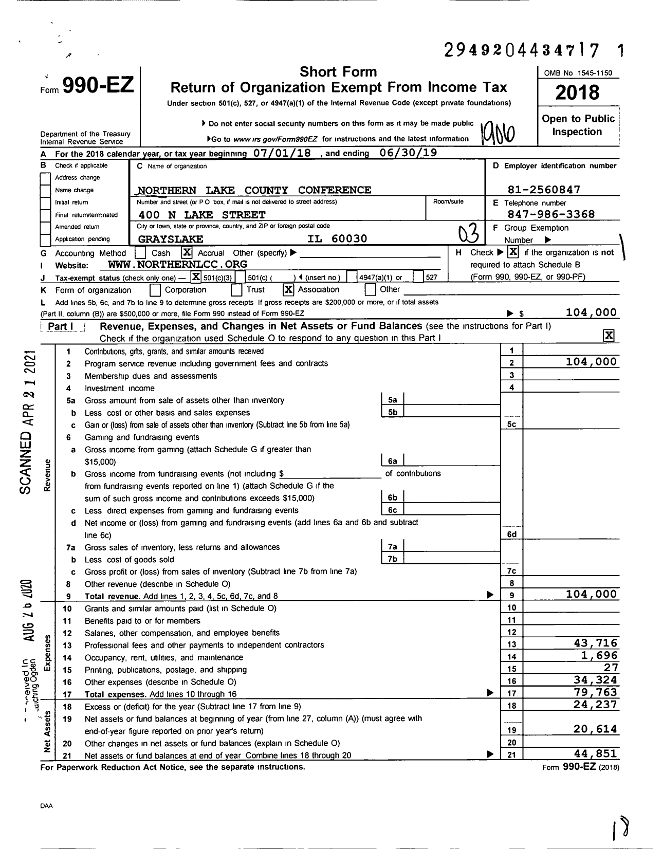 Image of first page of 2018 Form 990EZ for Northern Lake County Conference