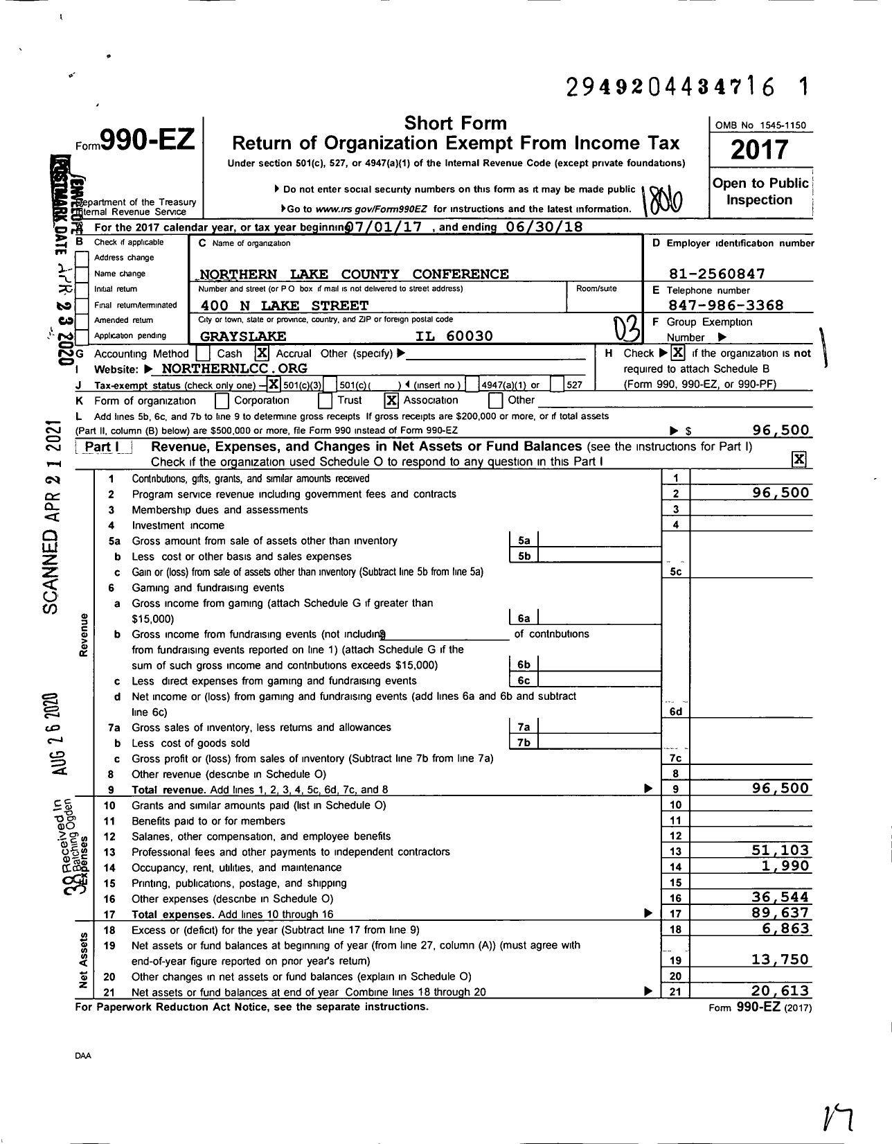 Image of first page of 2017 Form 990EZ for Northern Lake County Conference