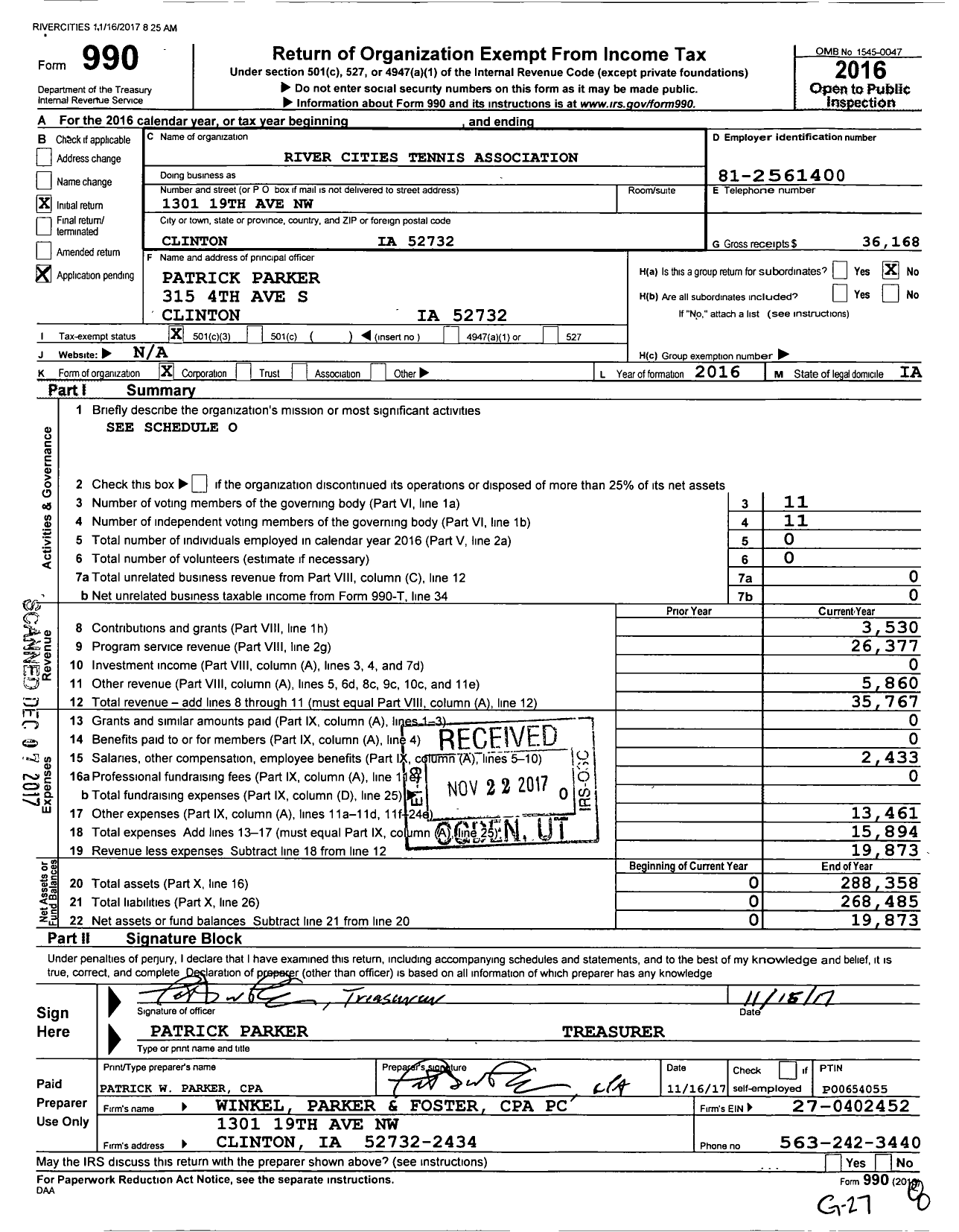 Image of first page of 2016 Form 990 for River Cities Tennis Association