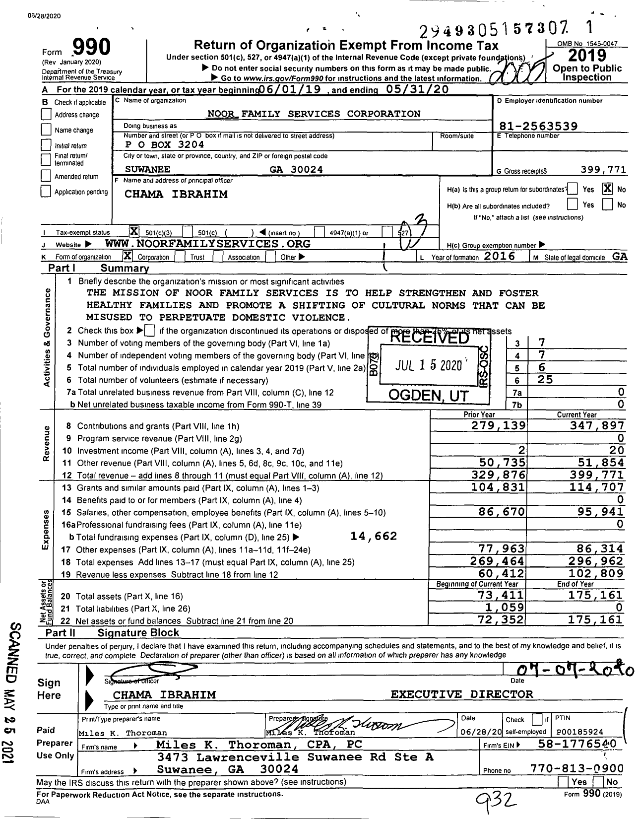 Image of first page of 2019 Form 990 for Noor Family Services Corporation