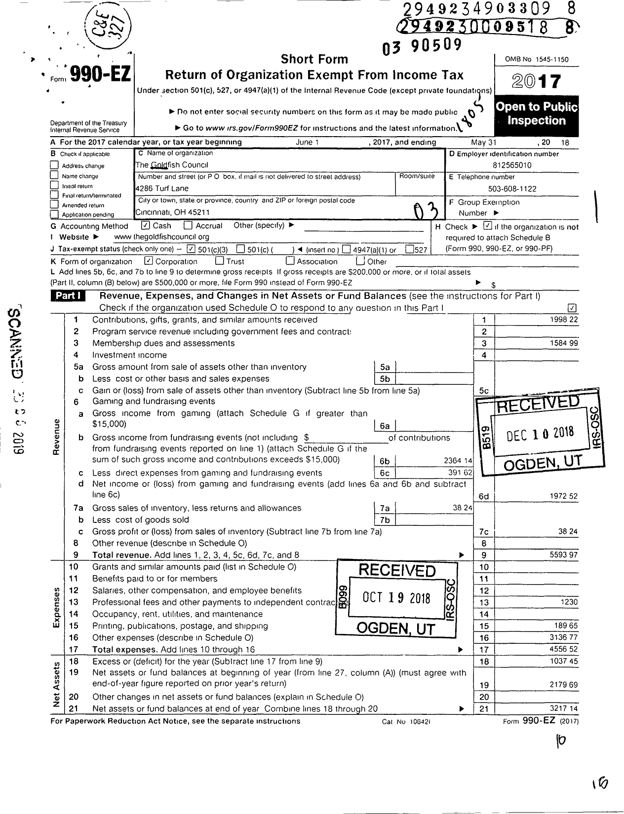 Image of first page of 2017 Form 990EZ for Goldfish Council