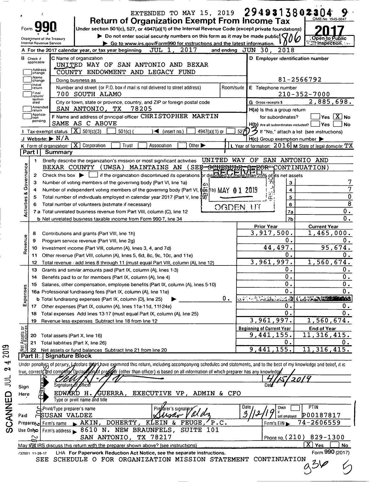 Image of first page of 2017 Form 990 for United Way of San Antonio and Bexar County Endowment and Legacy Fund