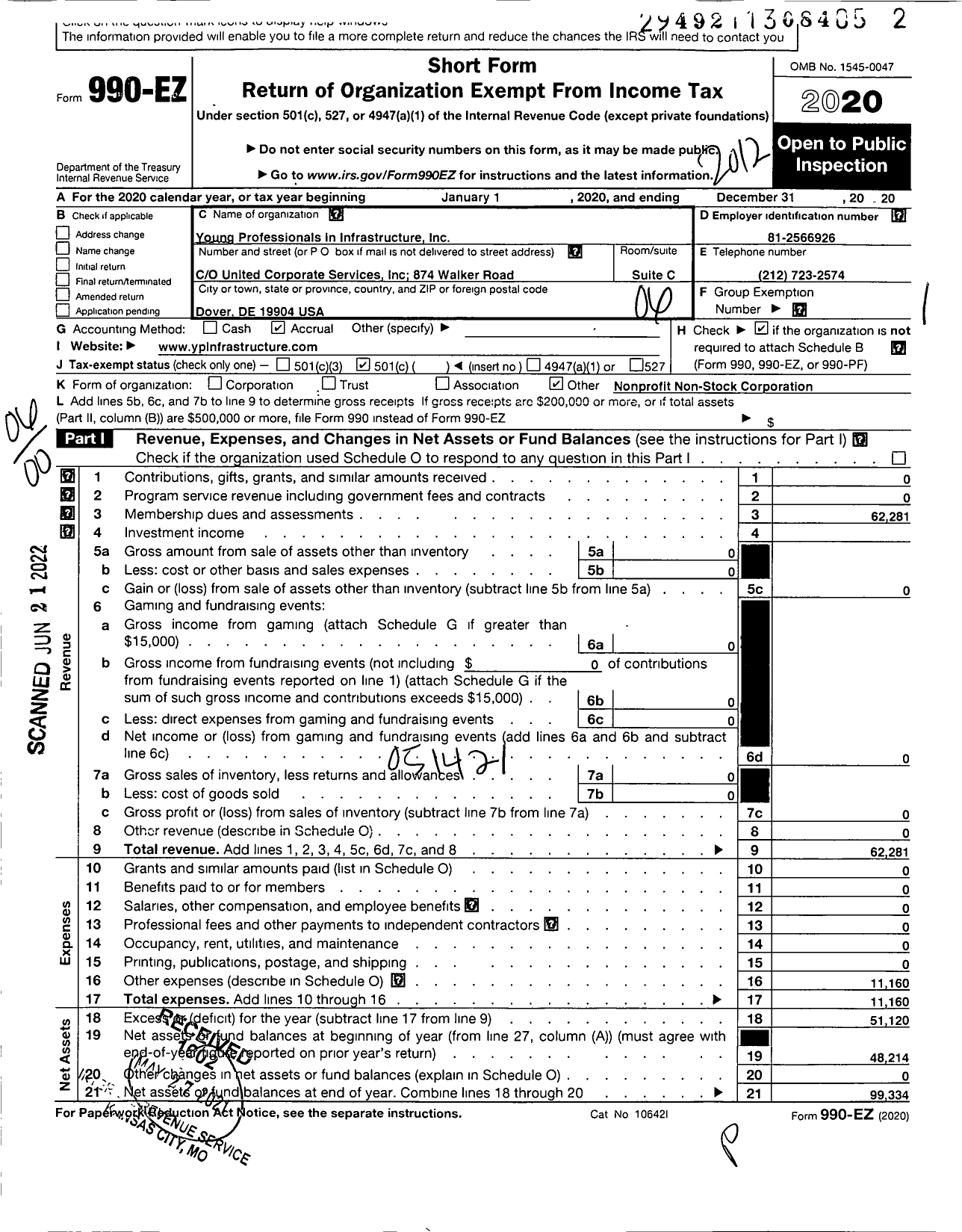 Image of first page of 2020 Form 990EO for Young Professionals in Infrastructure