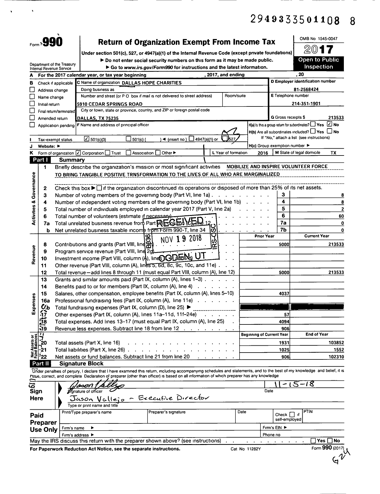 Image of first page of 2017 Form 990 for Dallas Hope Charities