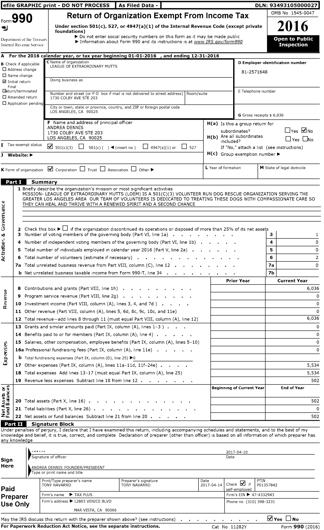 Image of first page of 2016 Form 990 for League of Extraordinary Mutts