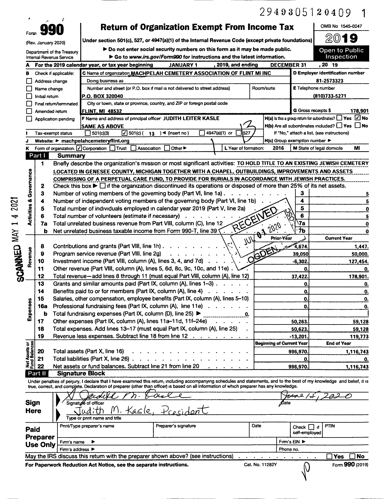 Image of first page of 2019 Form 990O for Machpelah Cemetery Association of Flint MICHIGAN