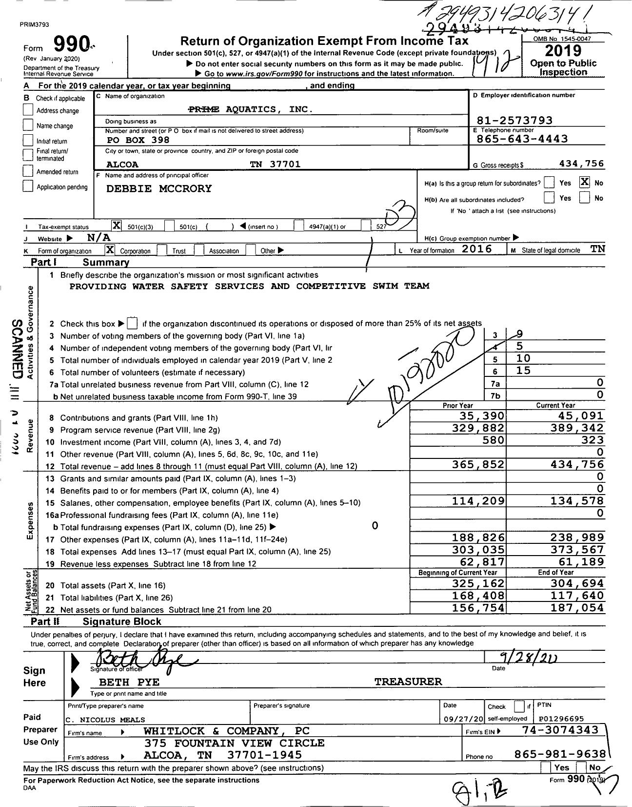 Image of first page of 2019 Form 990 for Prime Aquatics