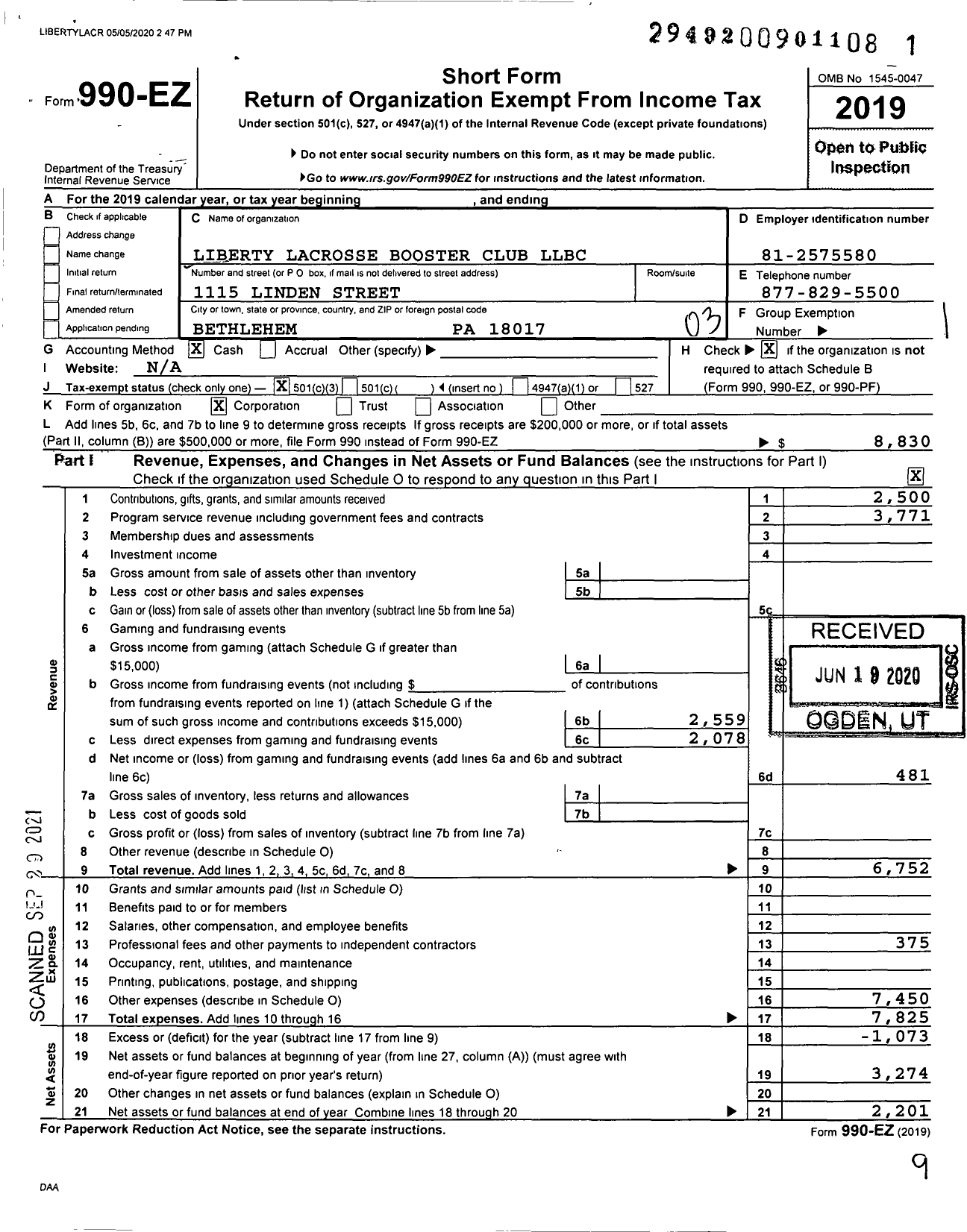 Image of first page of 2019 Form 990EZ for Liberty Lacrosse Booster Club (LLBC)