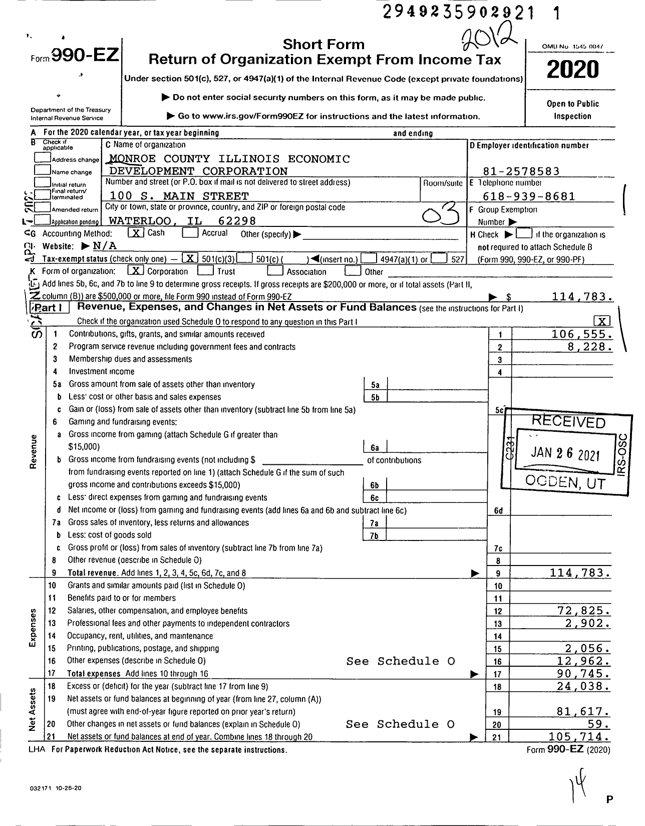 Image of first page of 2020 Form 990EZ for Monroe County Illinois Economic Development Corporation