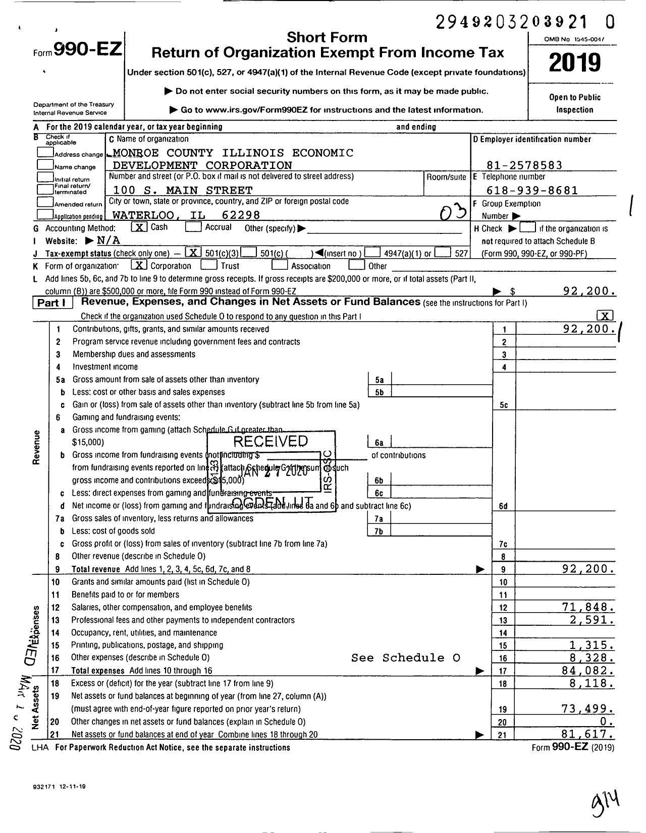 Image of first page of 2019 Form 990EZ for Monroe County Illinois Economic Development Corporation