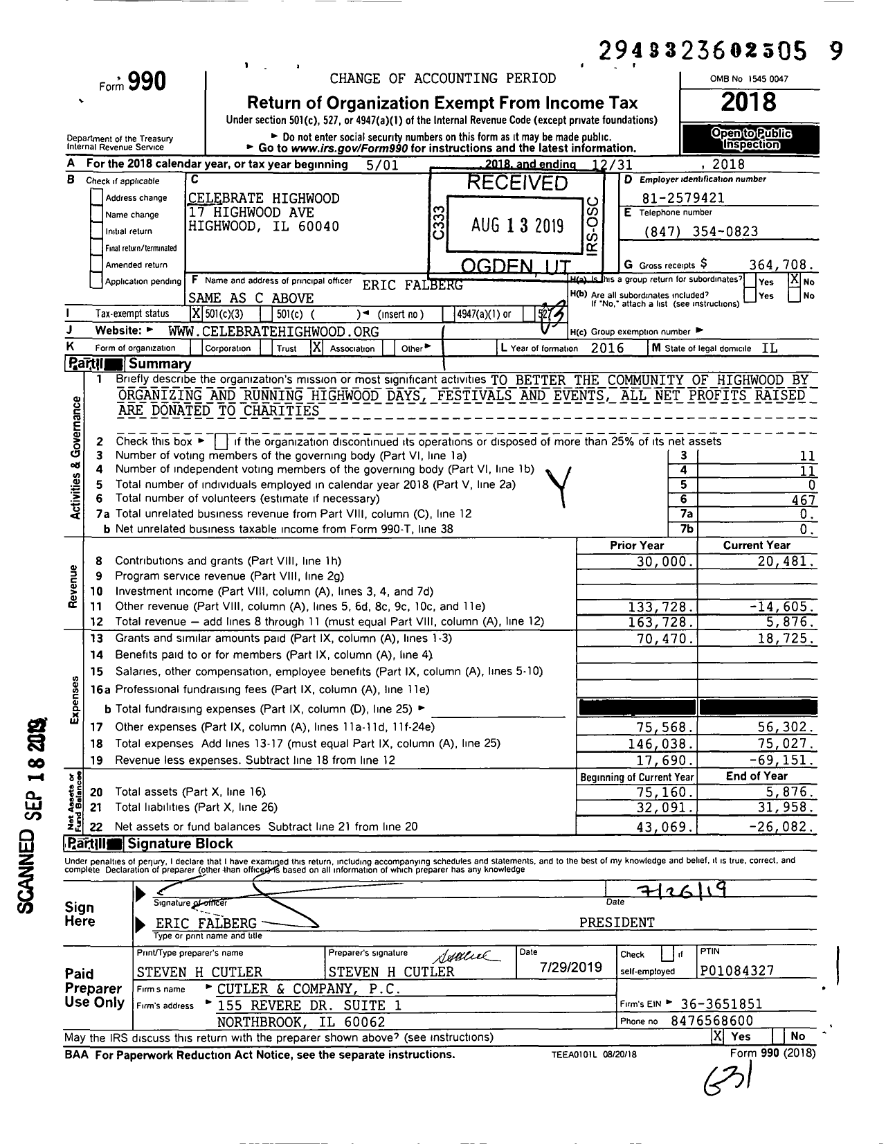 Image of first page of 2018 Form 990 for Celebrate Highwood