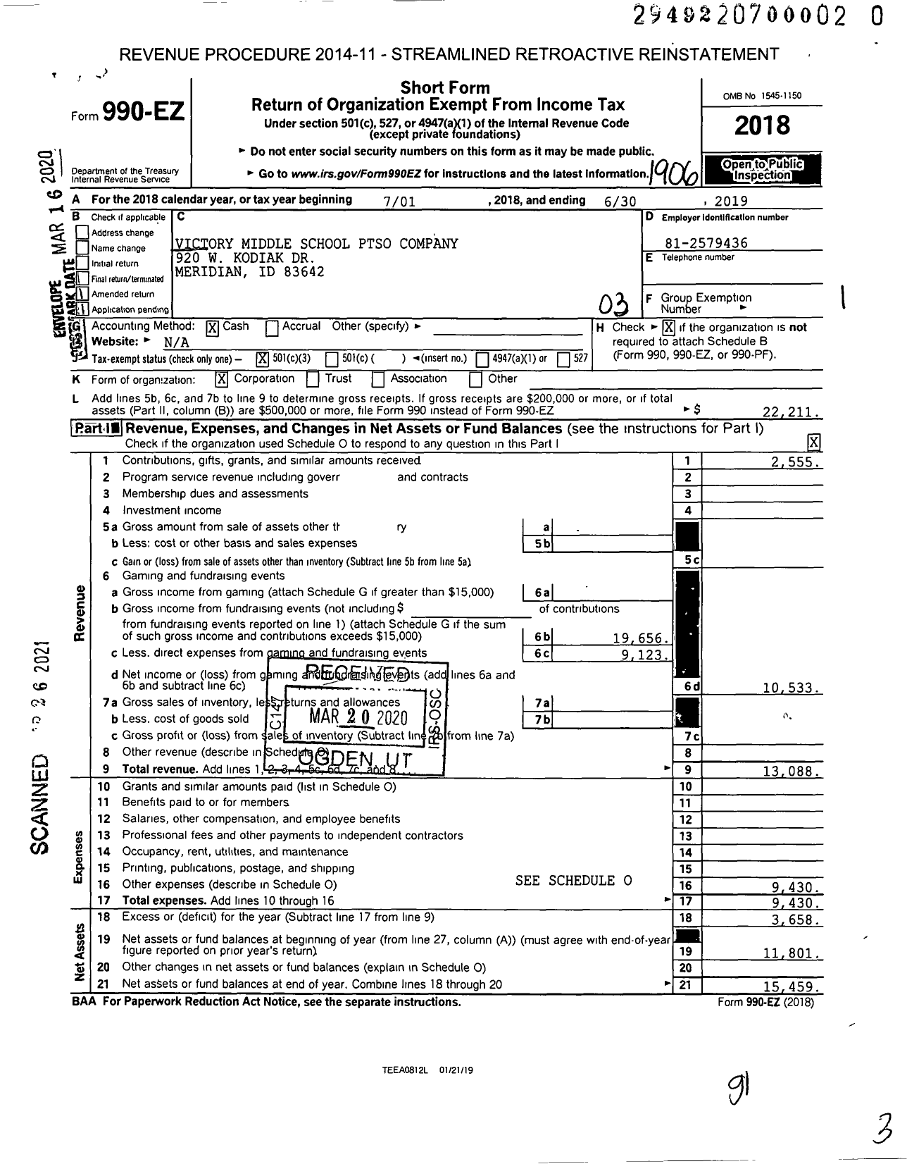 Image of first page of 2018 Form 990EZ for Victory Middle School Ptso