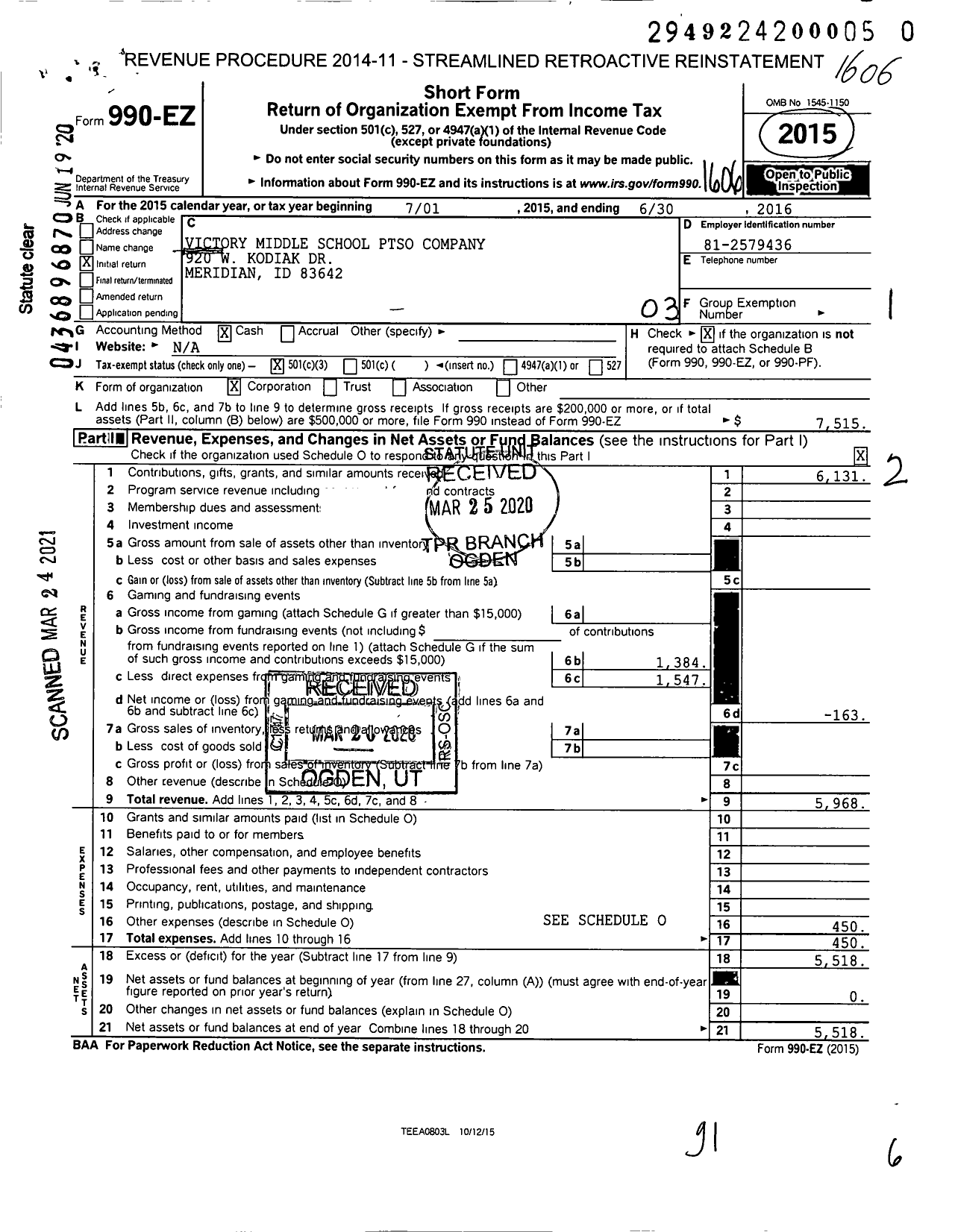 Image of first page of 2015 Form 990EZ for Victory Middle School Ptso