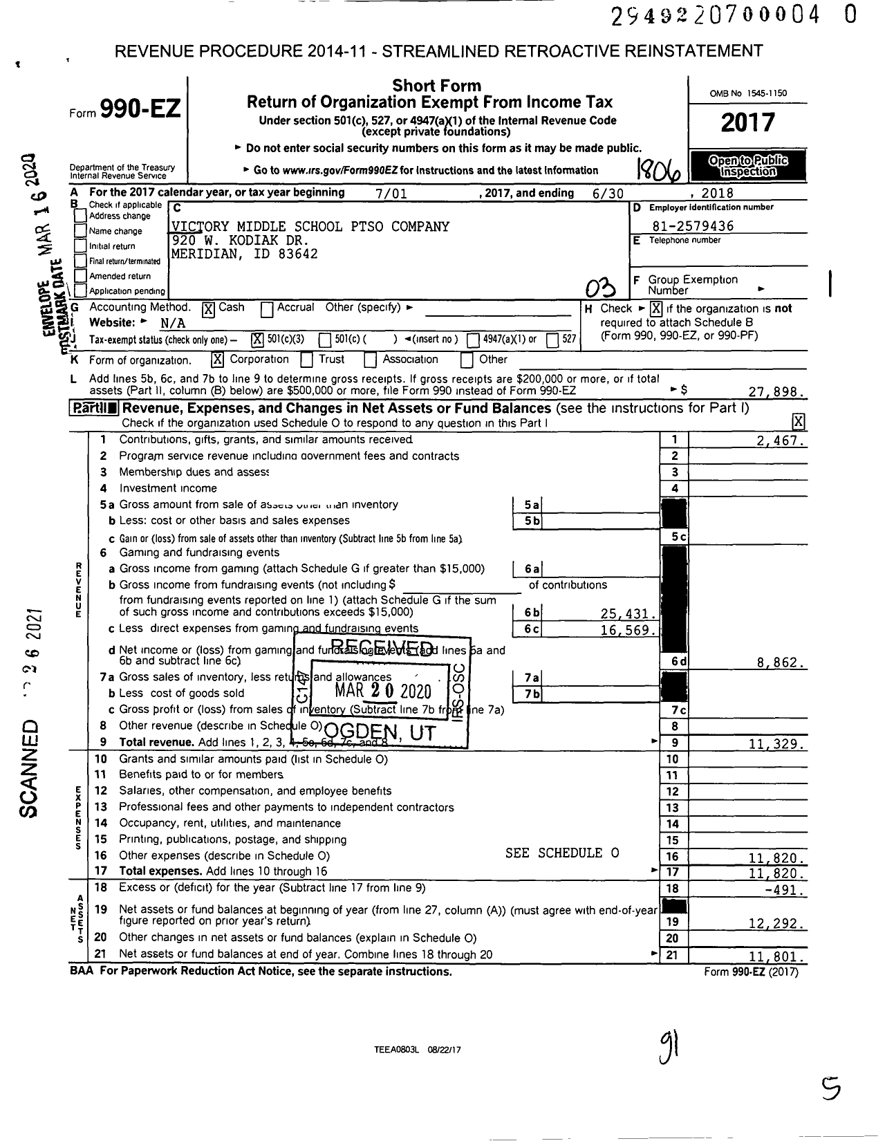 Image of first page of 2017 Form 990EZ for Victory Middle School Ptso