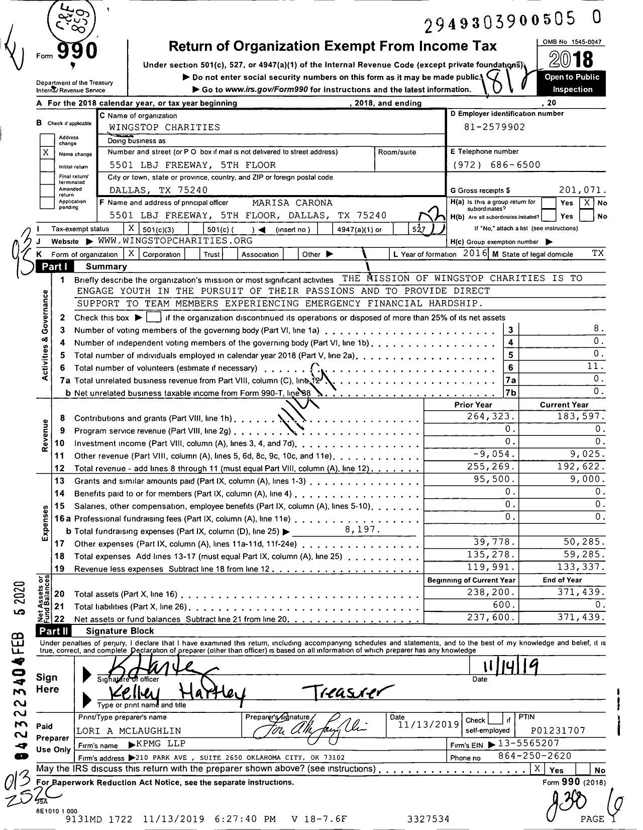 Image of first page of 2018 Form 990 for Wingstop Charities