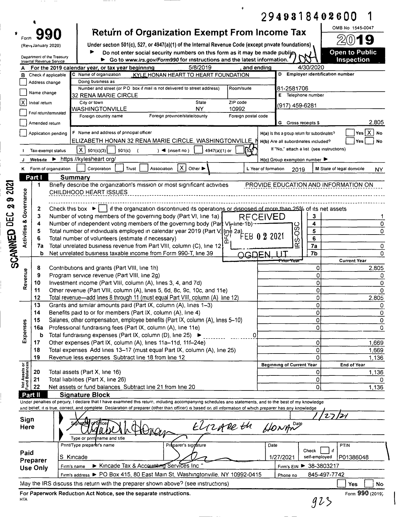 Image of first page of 2019 Form 990 for Kyle Honan Heart To Heart Foundation