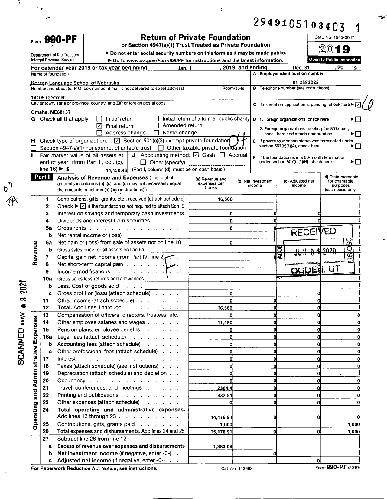 Image of first page of 2019 Form 990PF for Korean Language School of Nebraska