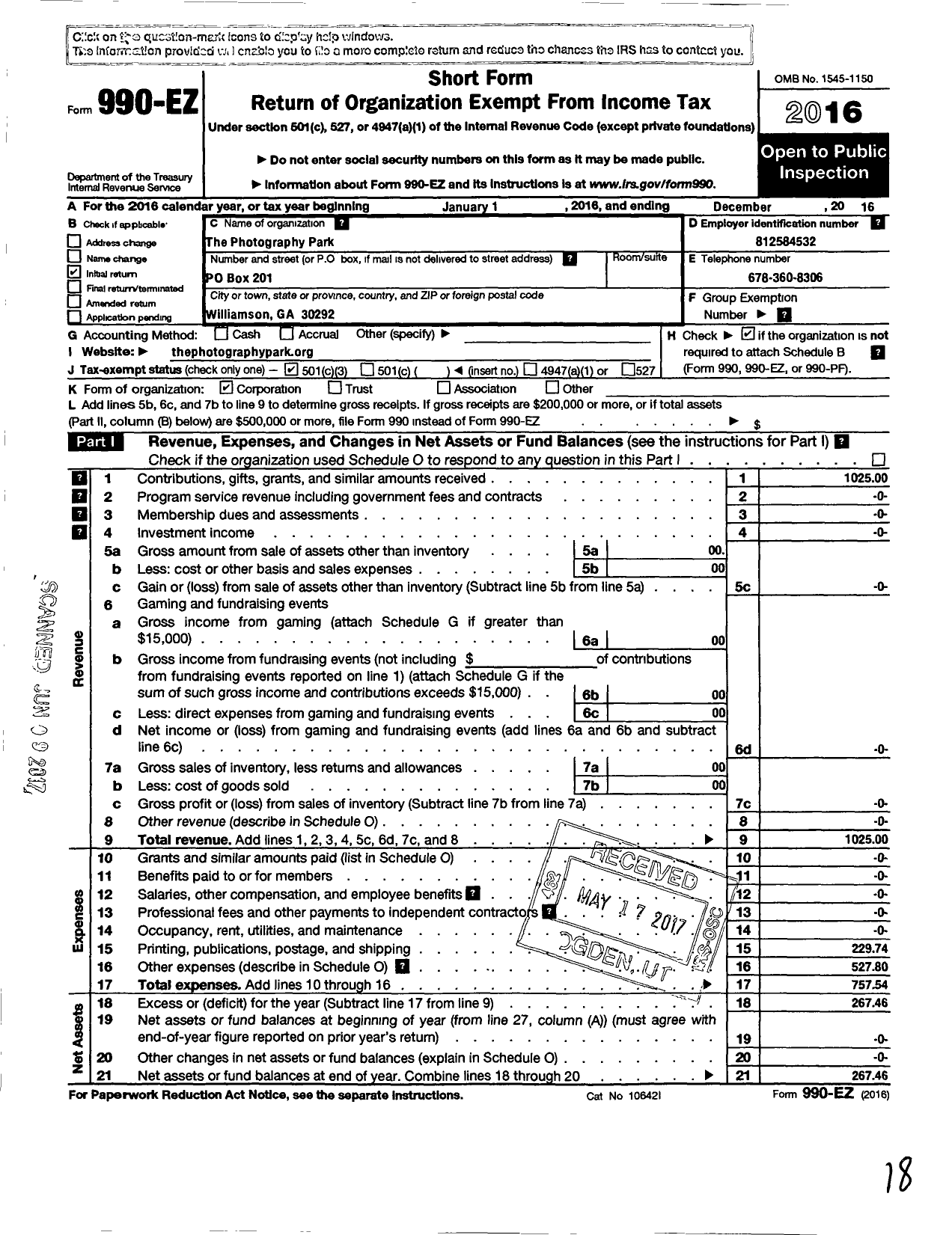 Image of first page of 2016 Form 990EZ for Photography Park